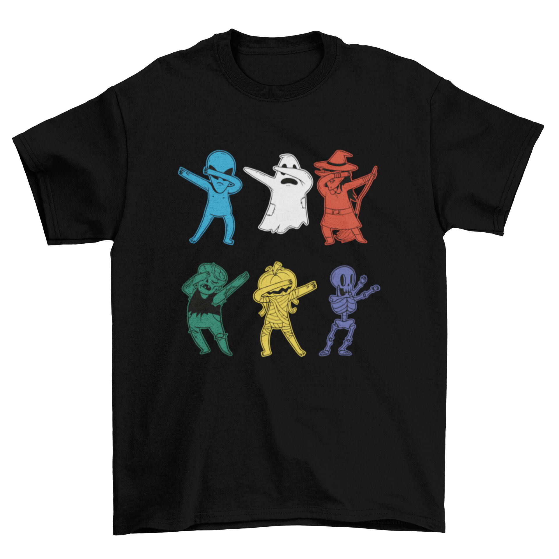 A colorful t-shirt design featuring a ghost, alien, witch, and zombie dabbing in a fun Halloween theme.