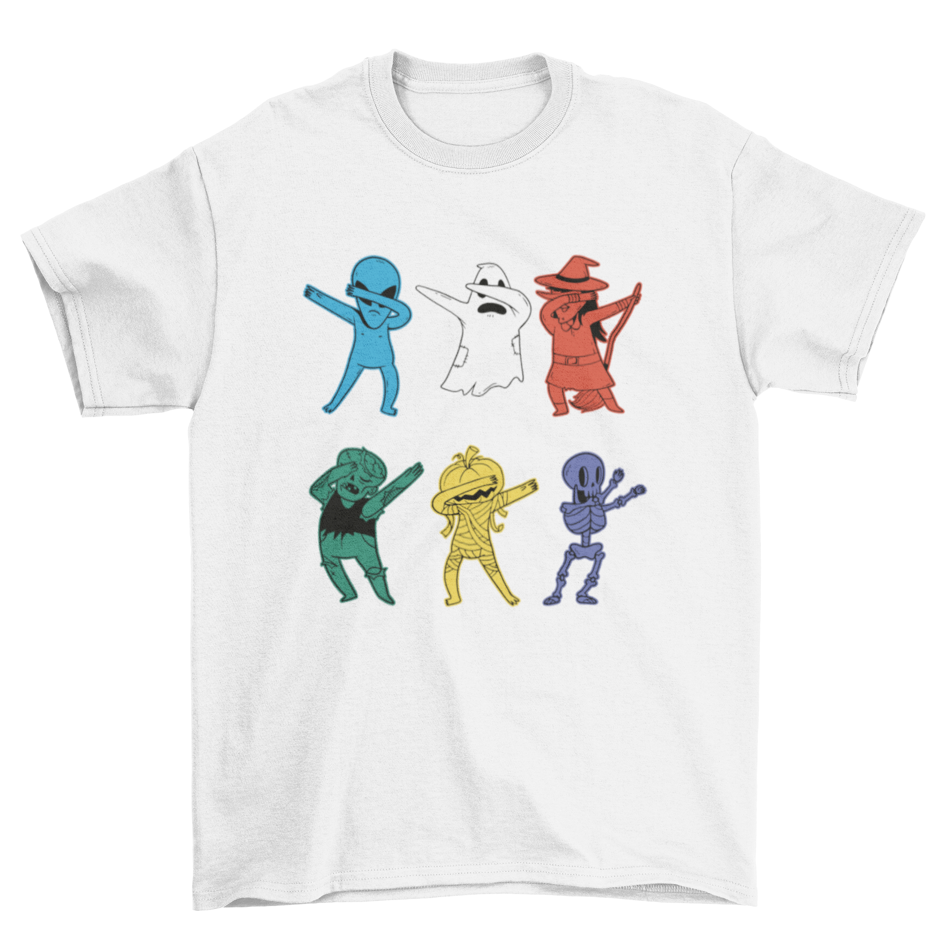 A colorful t-shirt design featuring a ghost, alien, witch, and zombie dabbing in a fun Halloween theme.