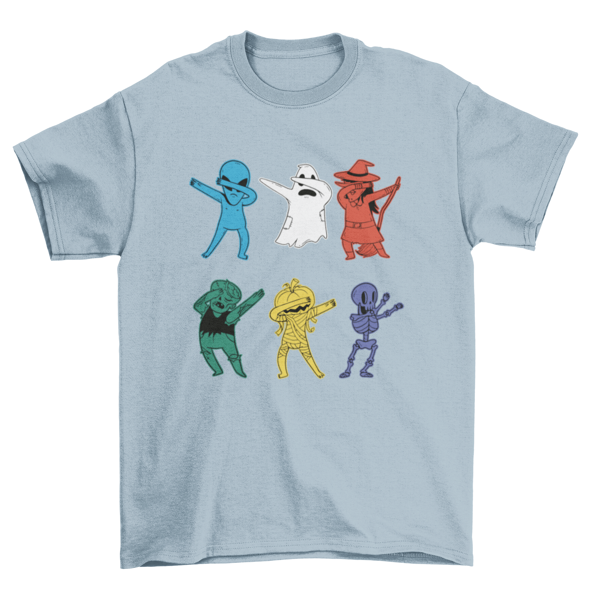 A colorful t-shirt design featuring a ghost, alien, witch, and zombie dabbing in a fun Halloween theme.