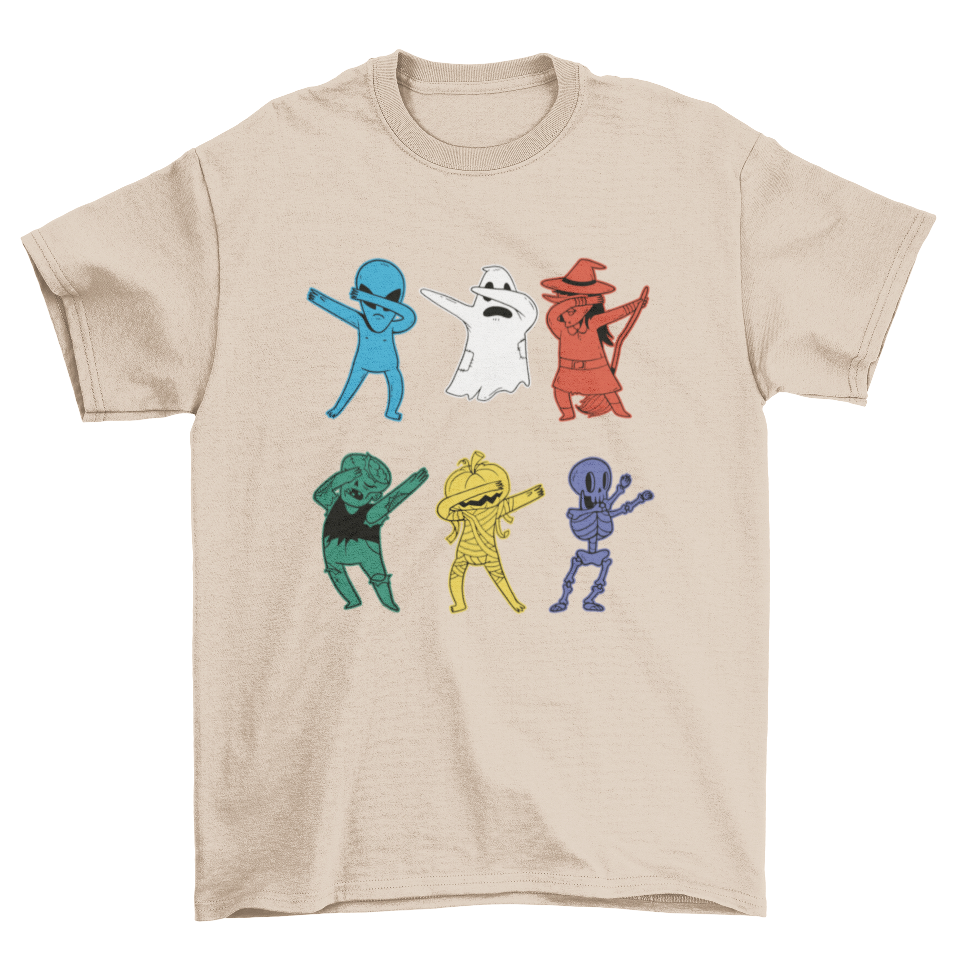 A colorful t-shirt design featuring a ghost, alien, witch, and zombie dabbing in a fun Halloween theme.