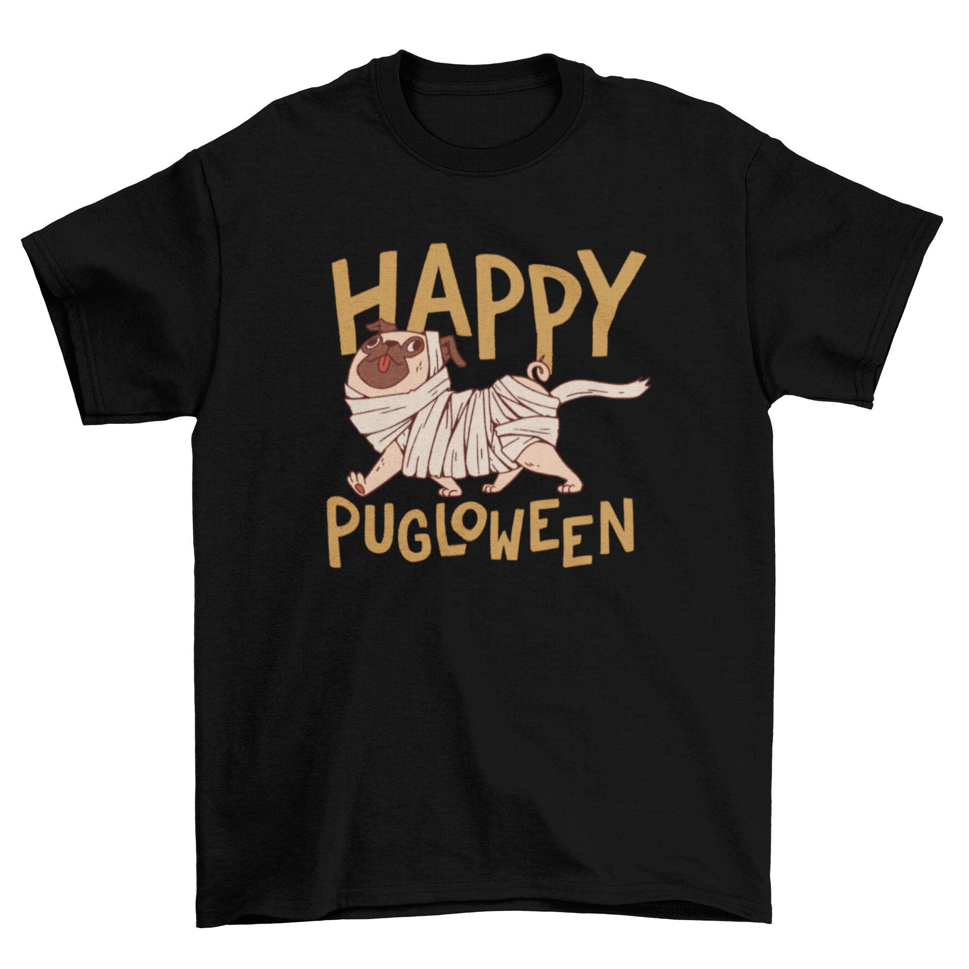 Cute Halloween t-shirt featuring a dog dressed as a mummy with the quote 'Happy Pugloween'.