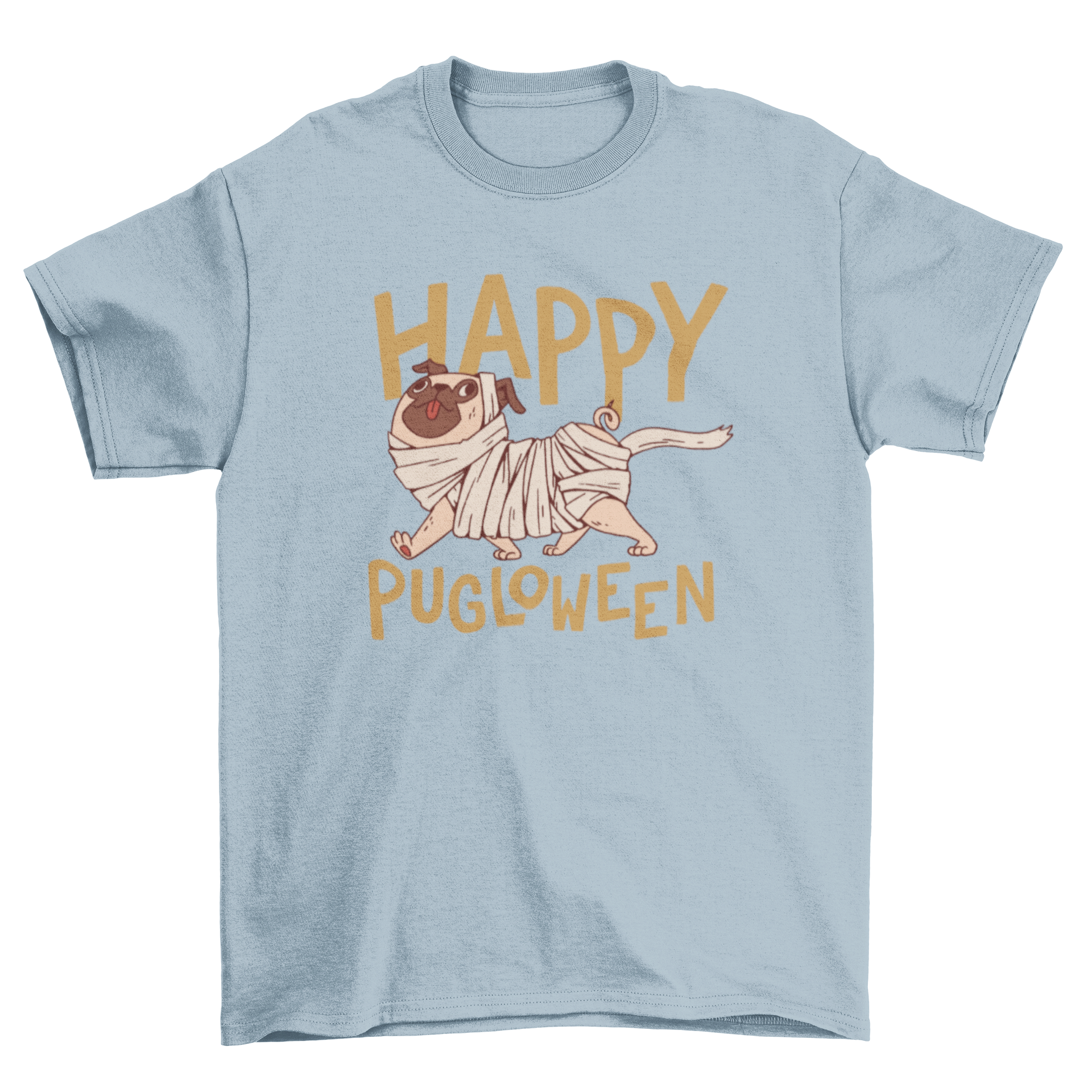 Cute Halloween t-shirt featuring a dog dressed as a mummy with the quote 'Happy Pugloween'.