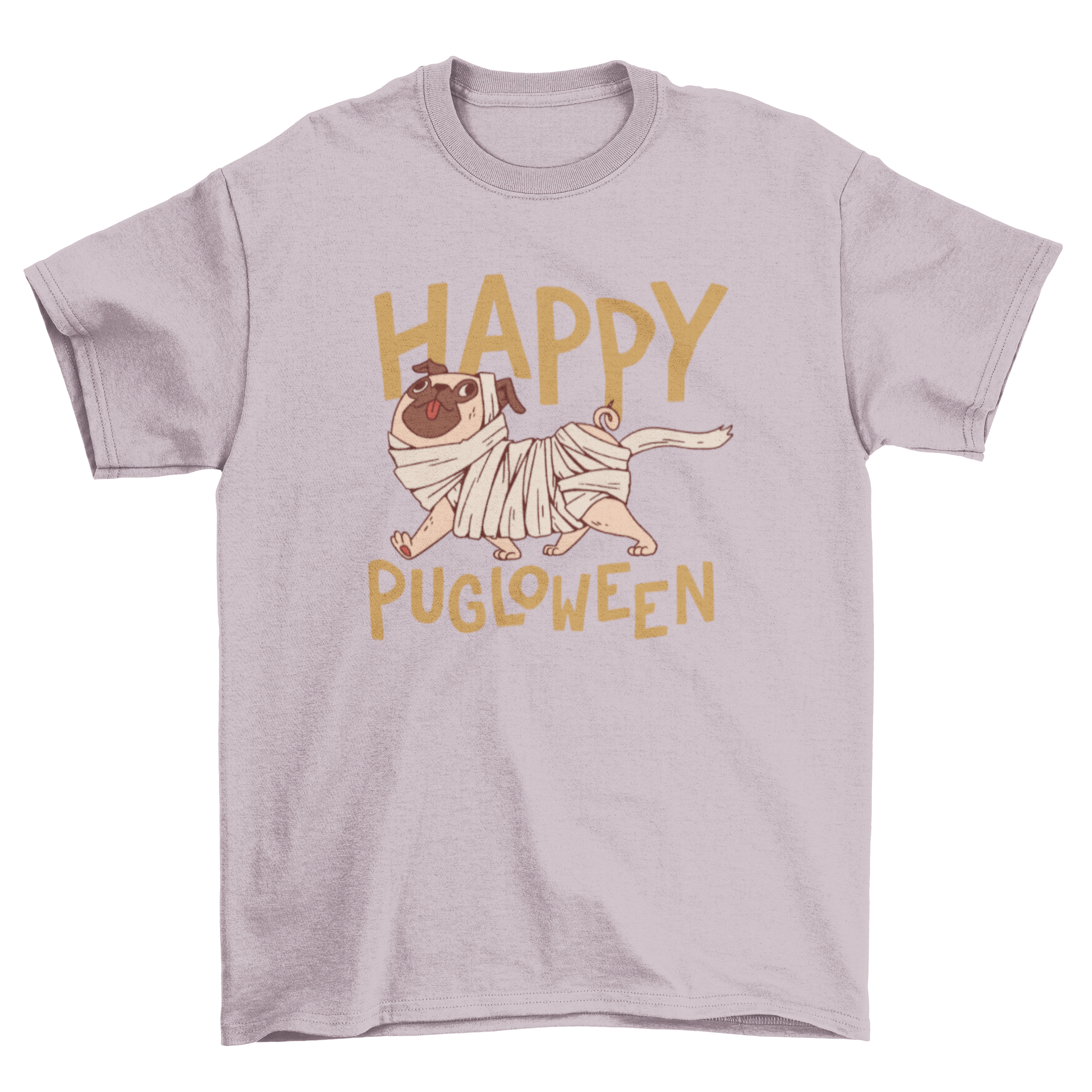 Cute Halloween t-shirt featuring a dog dressed as a mummy with the quote 'Happy Pugloween'.