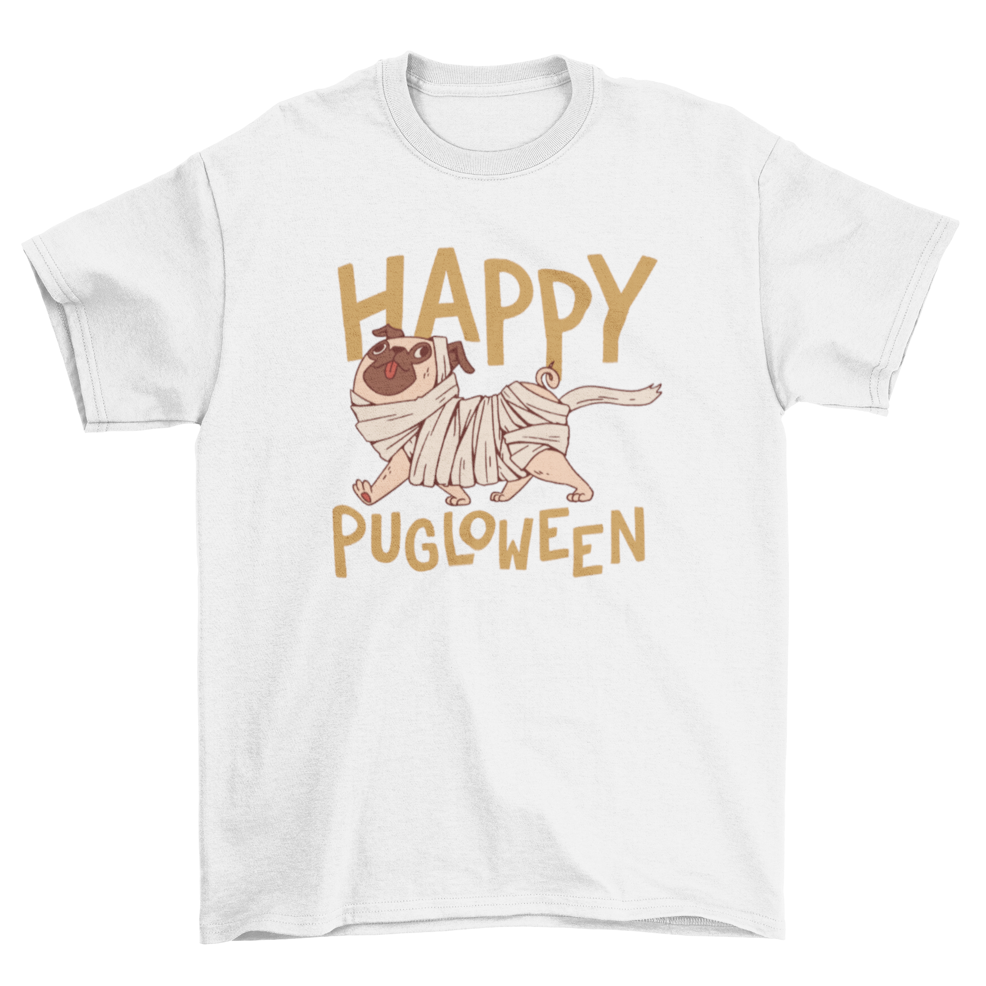 Cute Halloween t-shirt featuring a dog dressed as a mummy with the quote 'Happy Pugloween'.