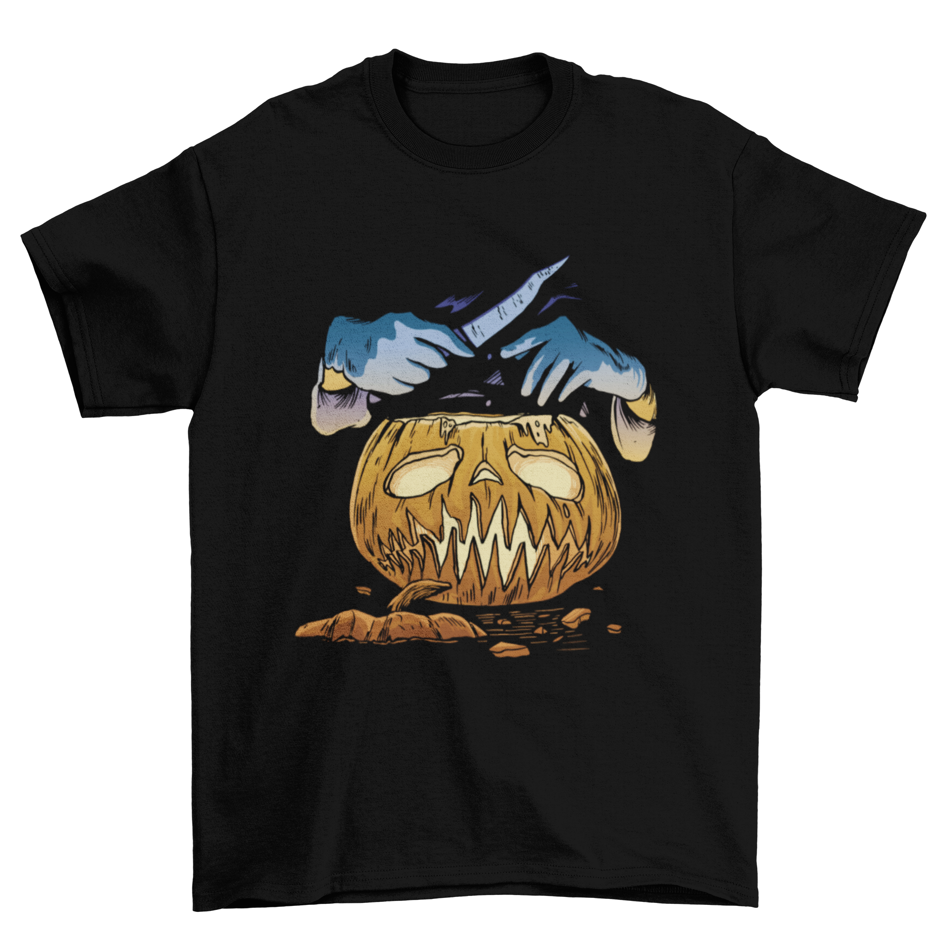 Halloween t-shirt design featuring a pumpkin with surgeon hands holding a knife, illustrated in a fun and spooky style.