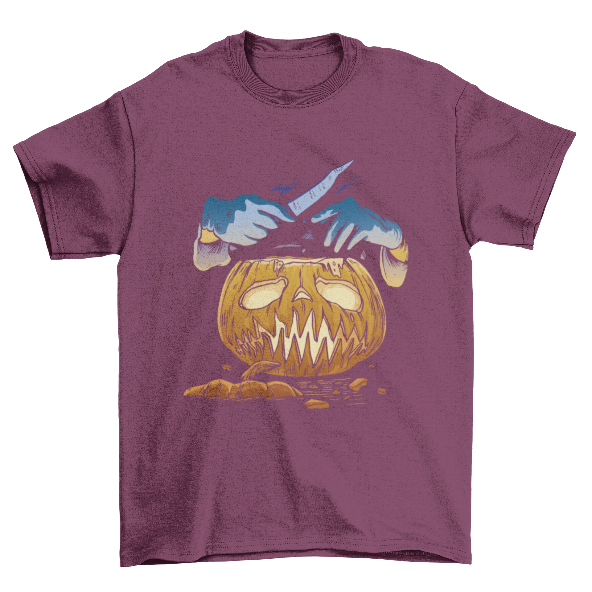 Halloween t-shirt design featuring a pumpkin with surgeon hands holding a knife, illustrated in a fun and spooky style.