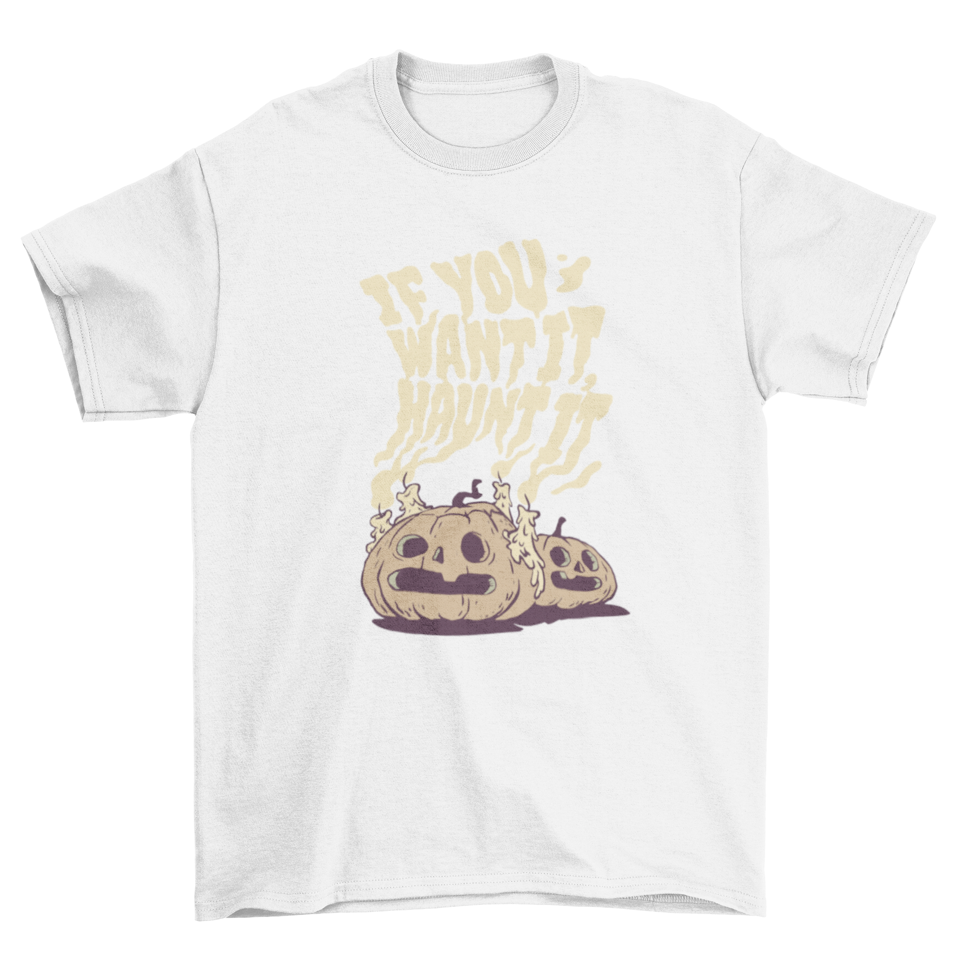 A stylish Halloween t-shirt featuring two carved pumpkins with the quote 'If you want it, haunt it' in a playful design.