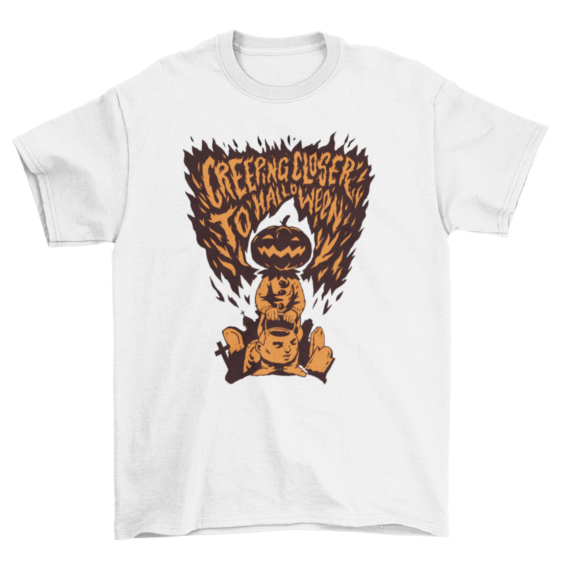 Halloween pumpkin monster t-shirt featuring a spooky design and quote.