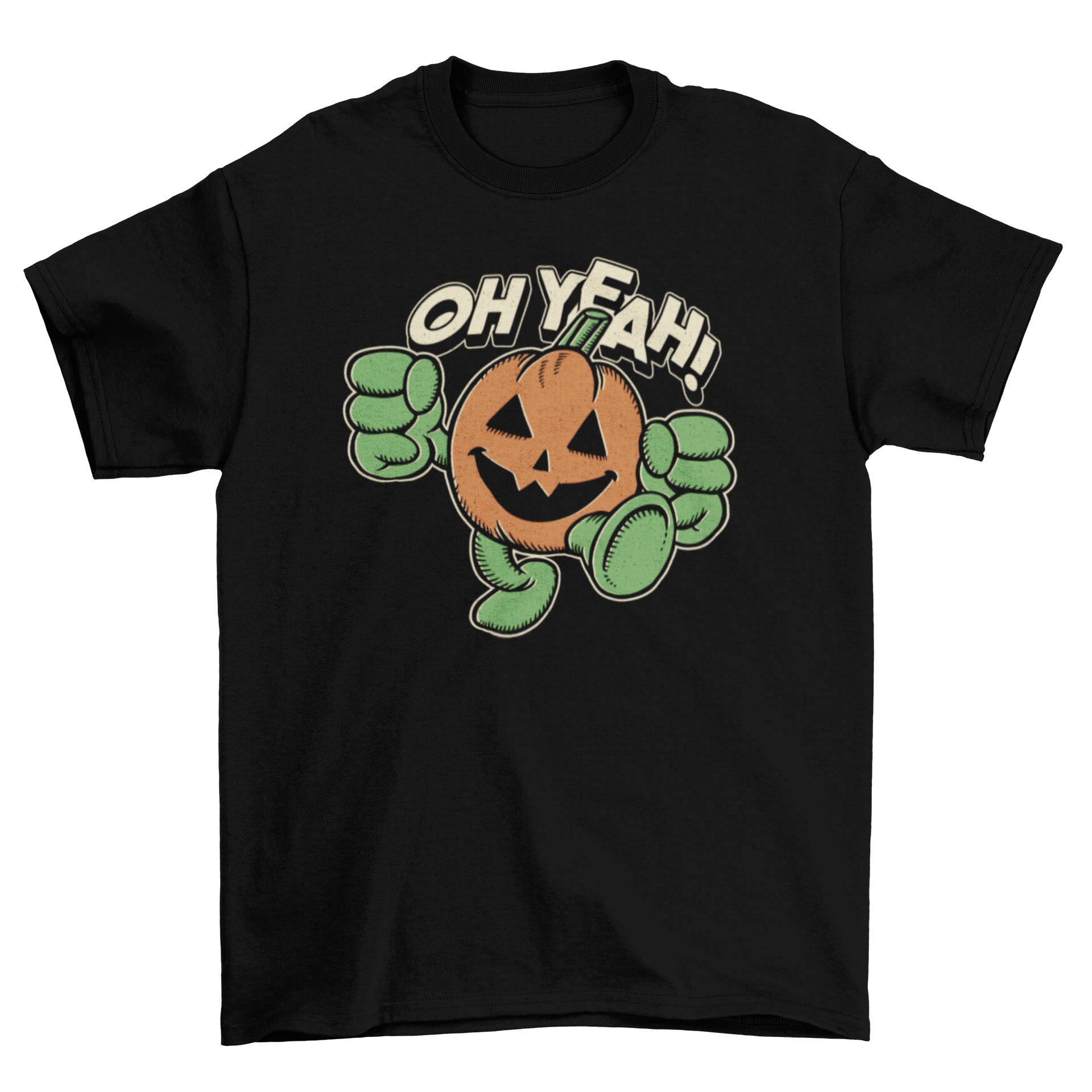 A vibrant Halloween t-shirt featuring a playful pumpkin character and the quote 'Oh yeah!' in bold letters.