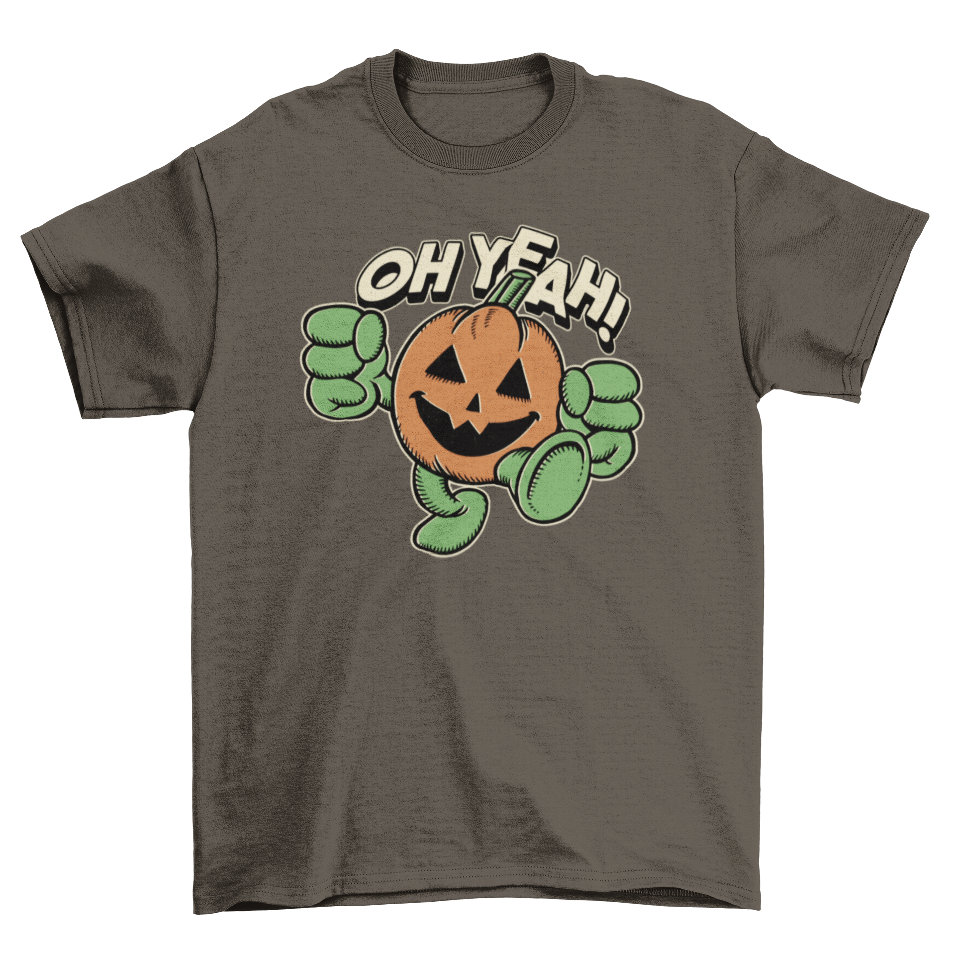 A vibrant Halloween t-shirt featuring a playful pumpkin character and the quote 'Oh yeah!' in bold letters.