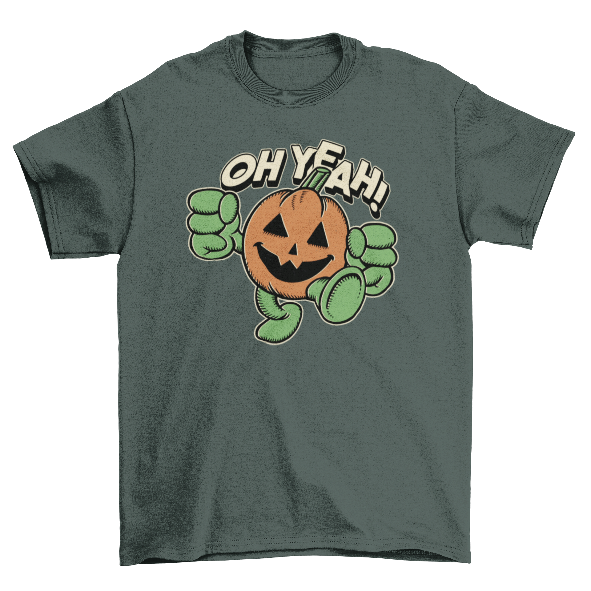 A vibrant Halloween t-shirt featuring a playful pumpkin character and the quote 'Oh yeah!' in bold letters.