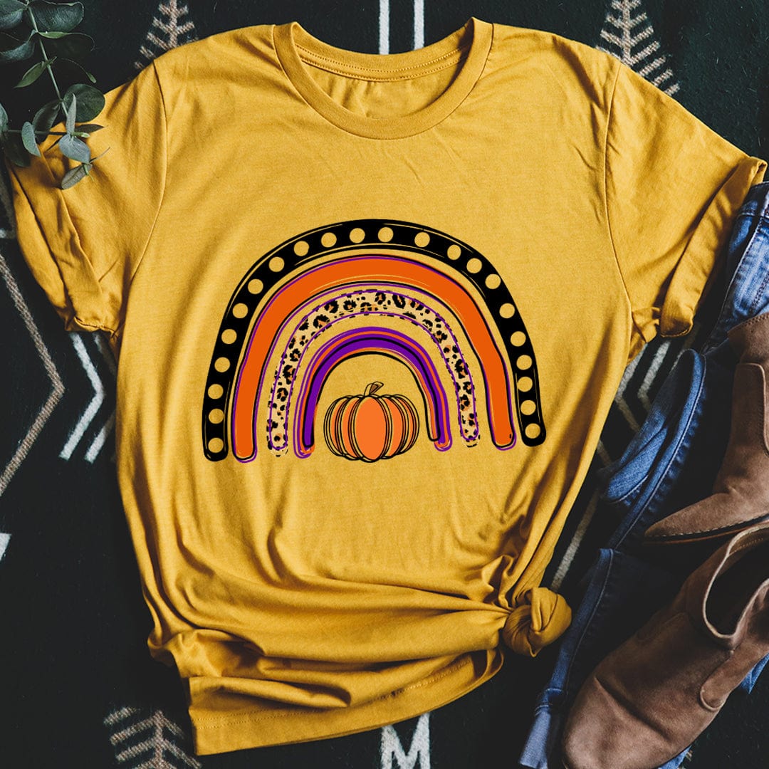 A colorful Halloween Rainbow Tee featuring spooky designs, made from 100% soft cotton, perfect for festive celebrations.
