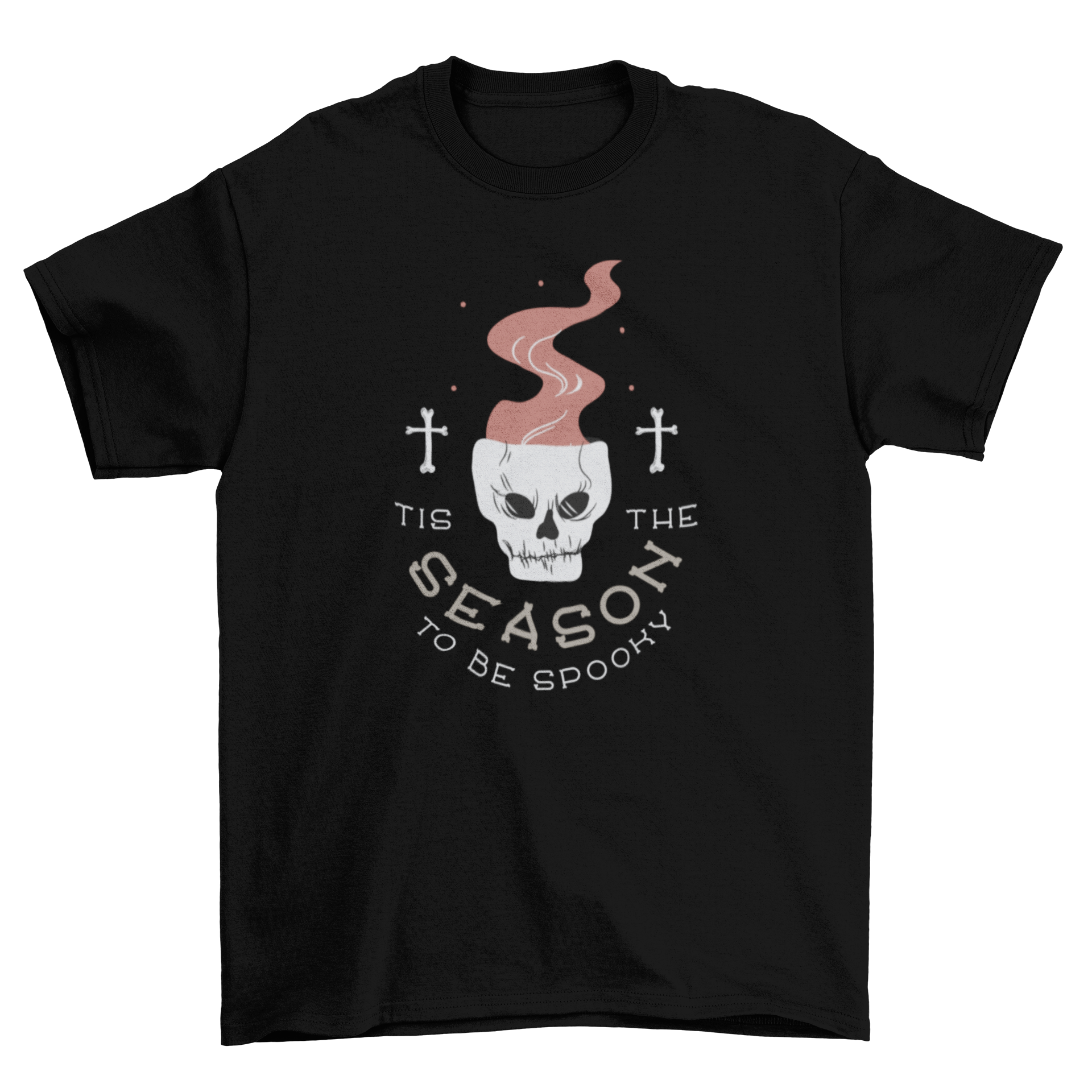 Halloween skull t-shirt design featuring a scary skull illustration and the quote 'Tis the season to be spooky'.