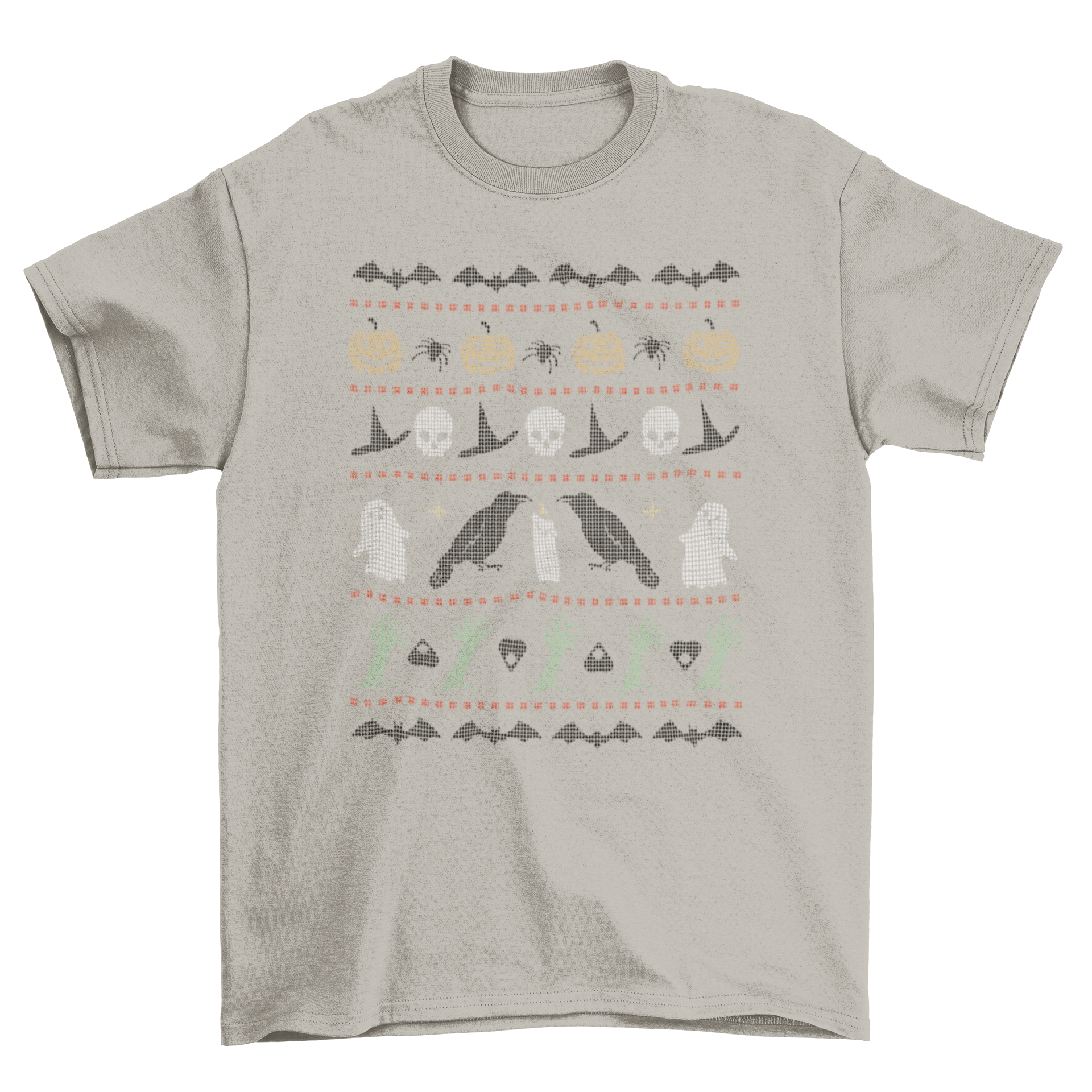 A Halloween spooky ugly sweater t-shirt featuring vibrant colors and spooky motifs, perfect for festive celebrations.