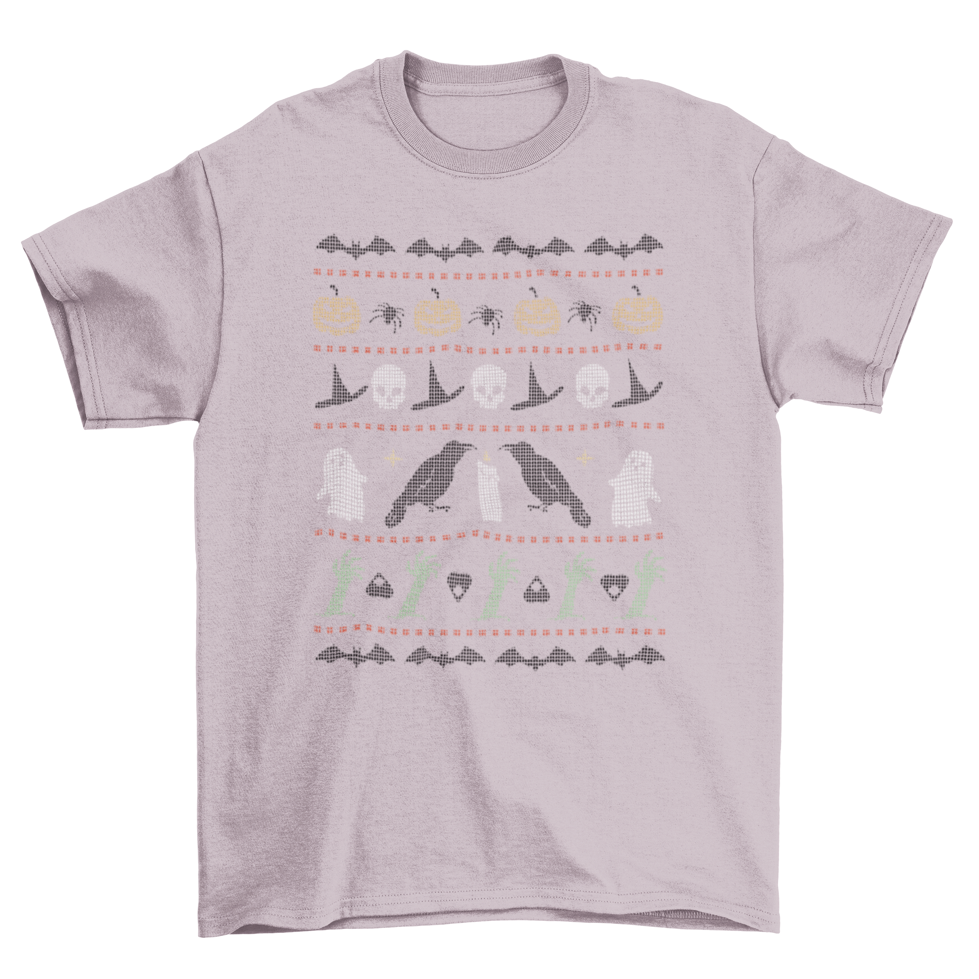 A Halloween spooky ugly sweater t-shirt featuring vibrant colors and spooky motifs, perfect for festive celebrations.