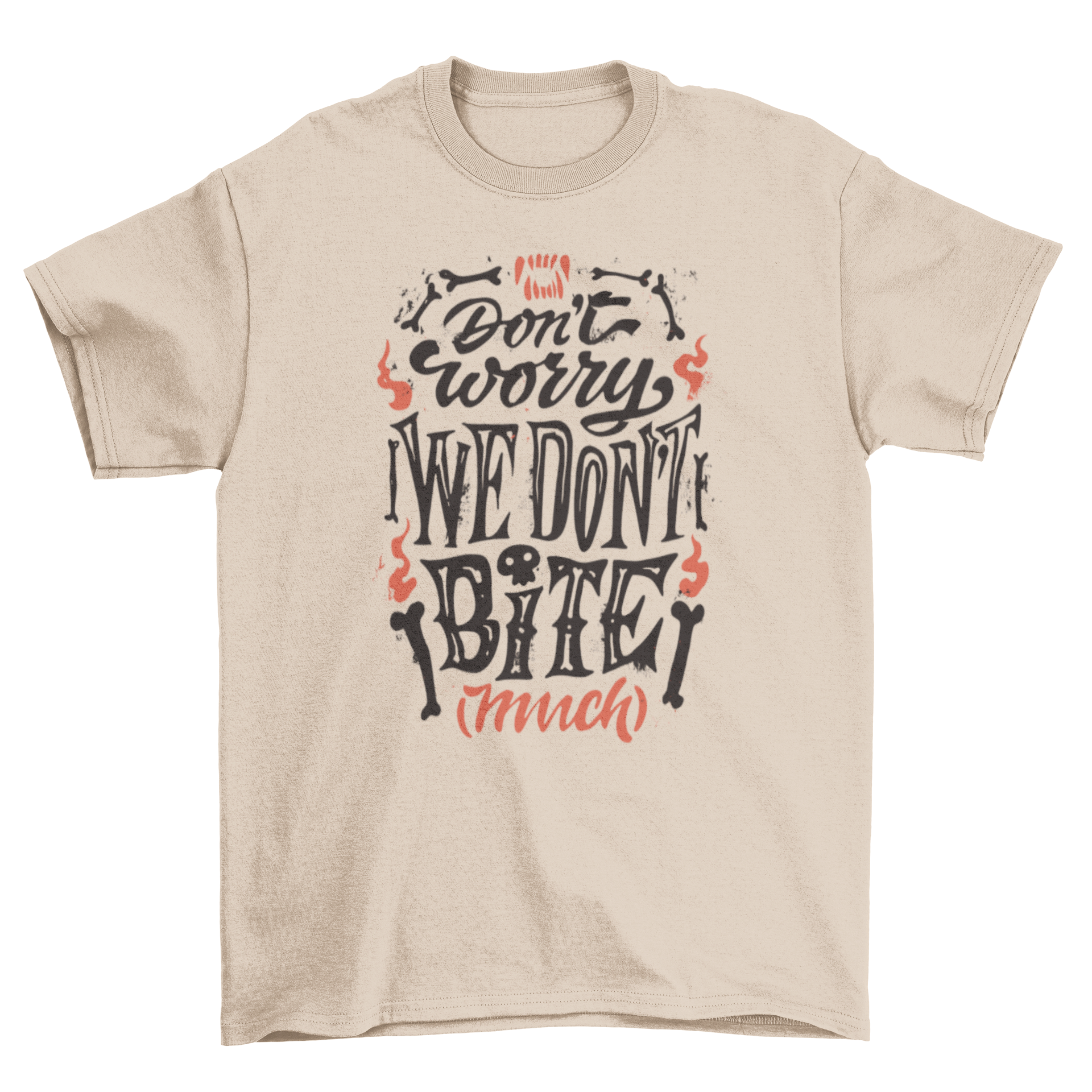 Halloween vampire quote t-shirt featuring the quote 'Don't worry we don't bite' in a spooky design.