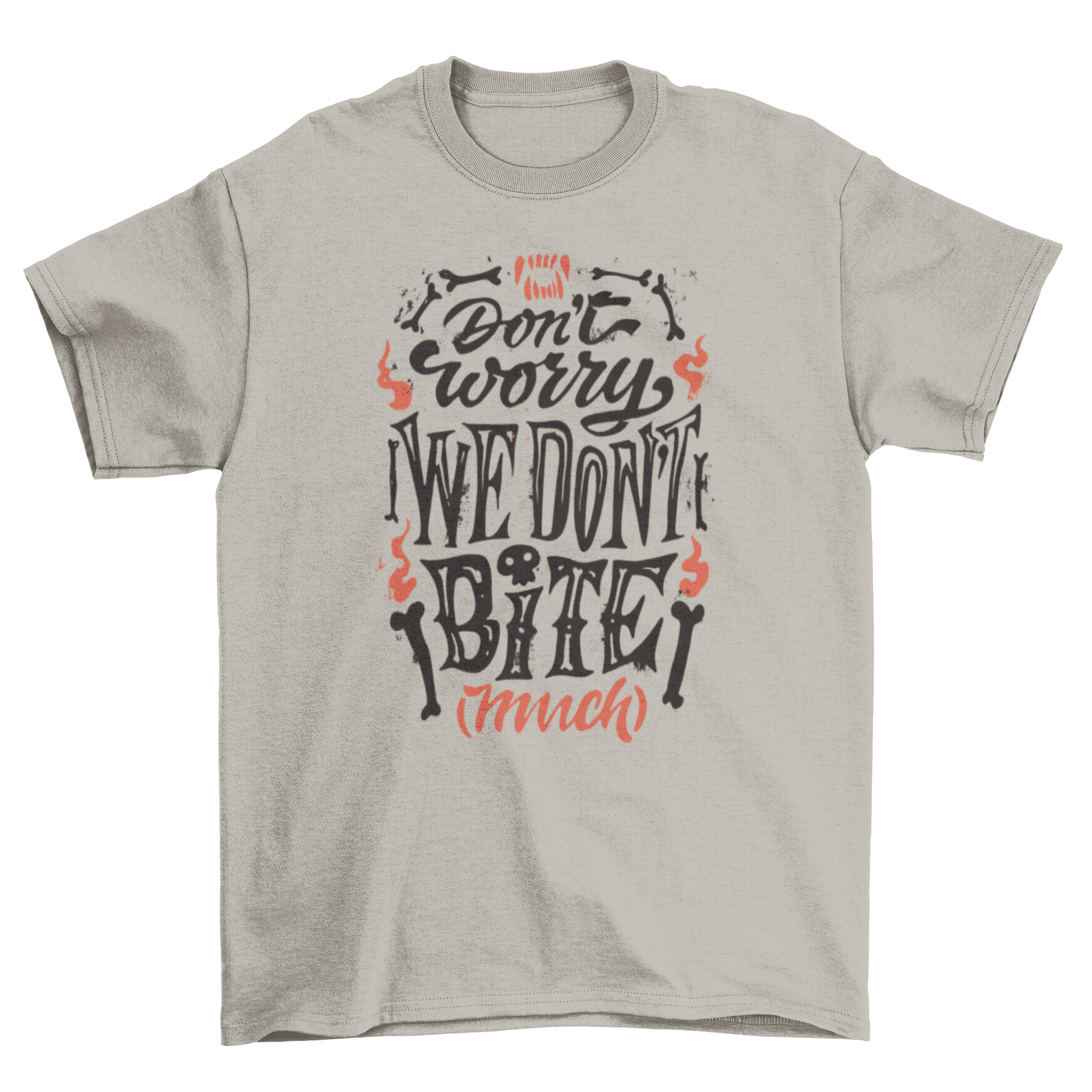 Halloween vampire quote t-shirt featuring the quote 'Don't worry we don't bite' in a spooky design.