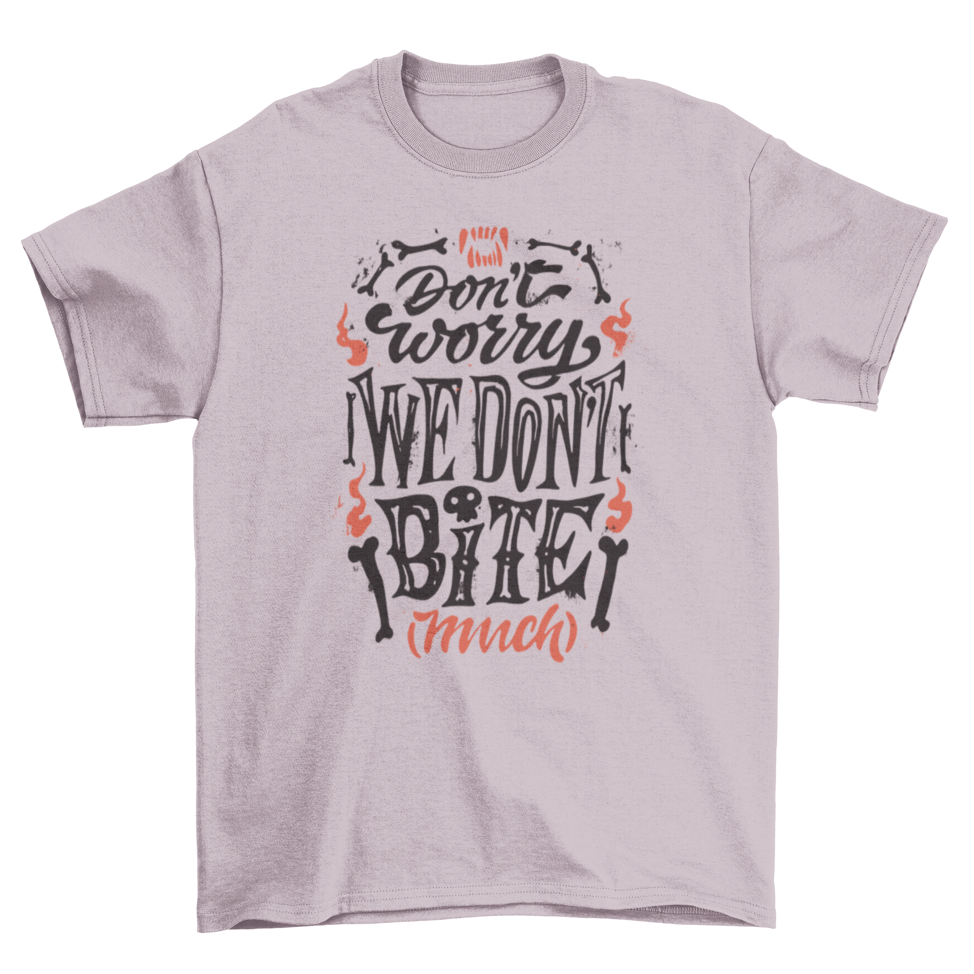 Halloween vampire quote t-shirt featuring the quote 'Don't worry we don't bite' in a spooky design.