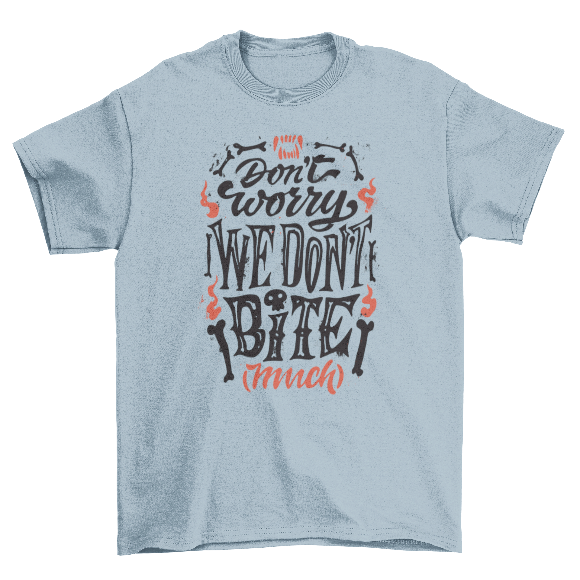 Halloween vampire quote t-shirt featuring the quote 'Don't worry we don't bite' in a spooky design.