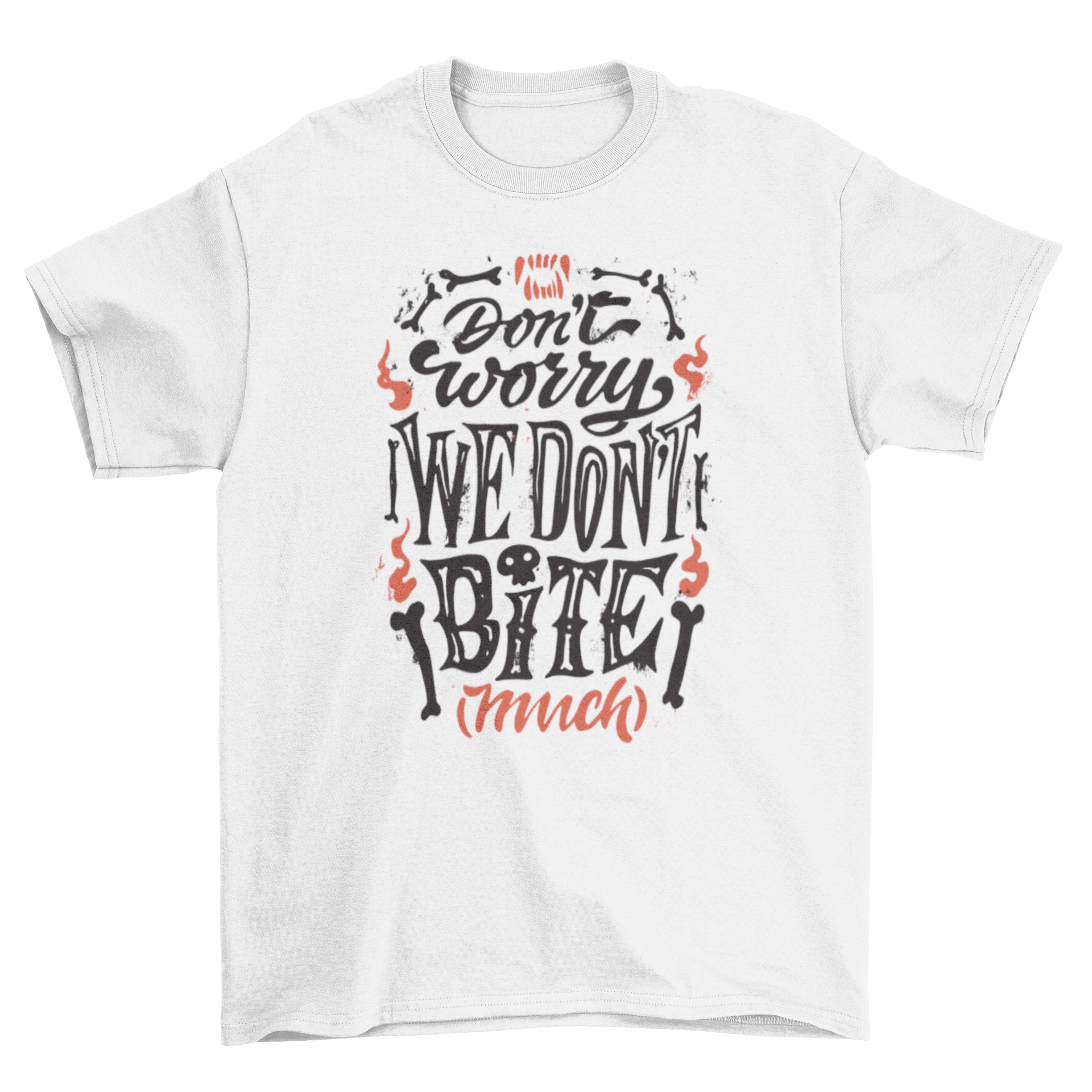 Halloween vampire quote t-shirt featuring the quote 'Don't worry we don't bite' in a spooky design.