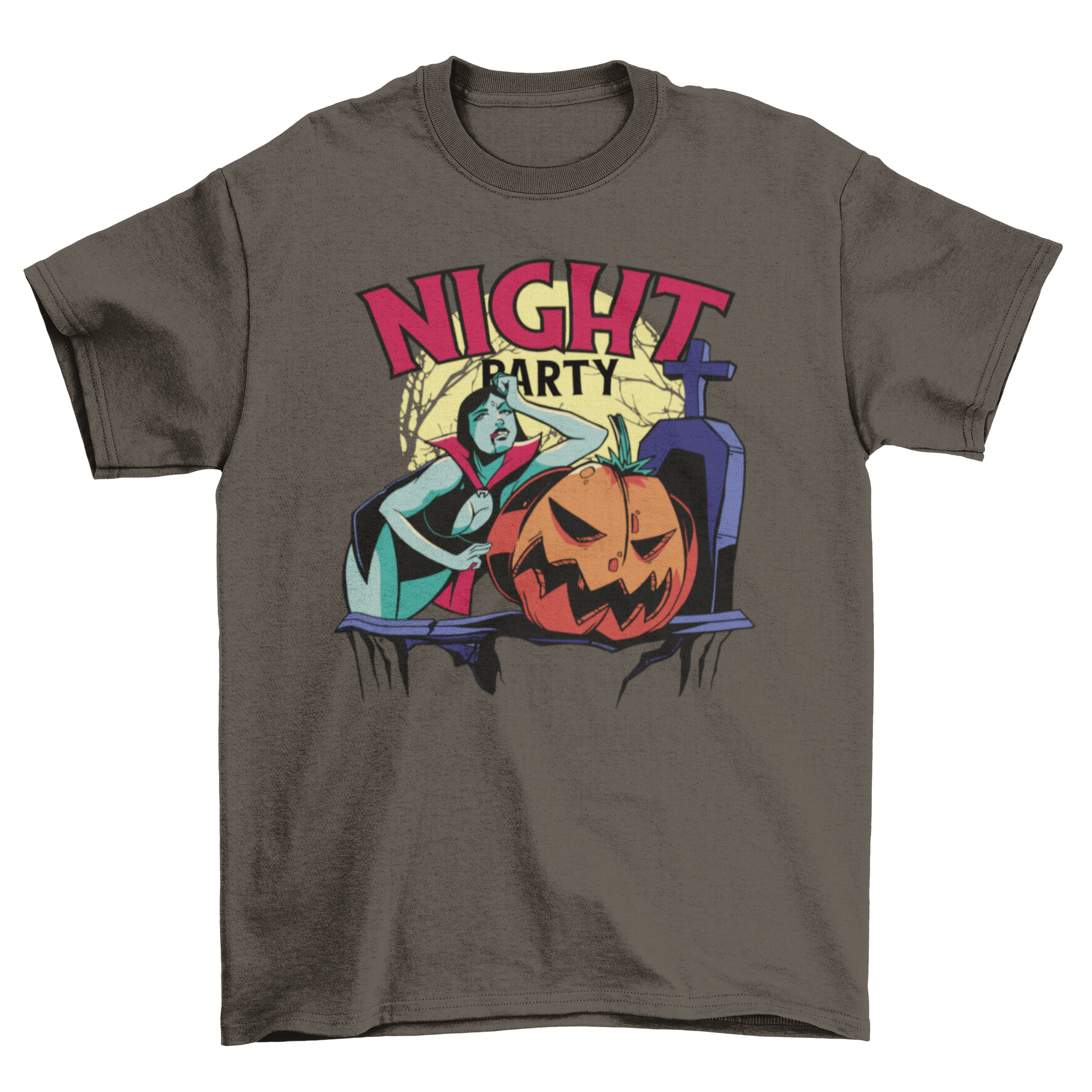 Halloween-themed t-shirt featuring a witch and jack o'lantern design with the phrase 'Night party'.