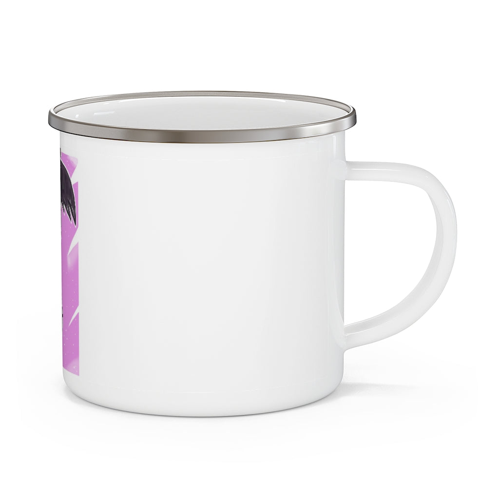 Hammer Enamel Camping Mug with a C-handle, showcasing a personalized design and durable enamel finish, perfect for outdoor use.