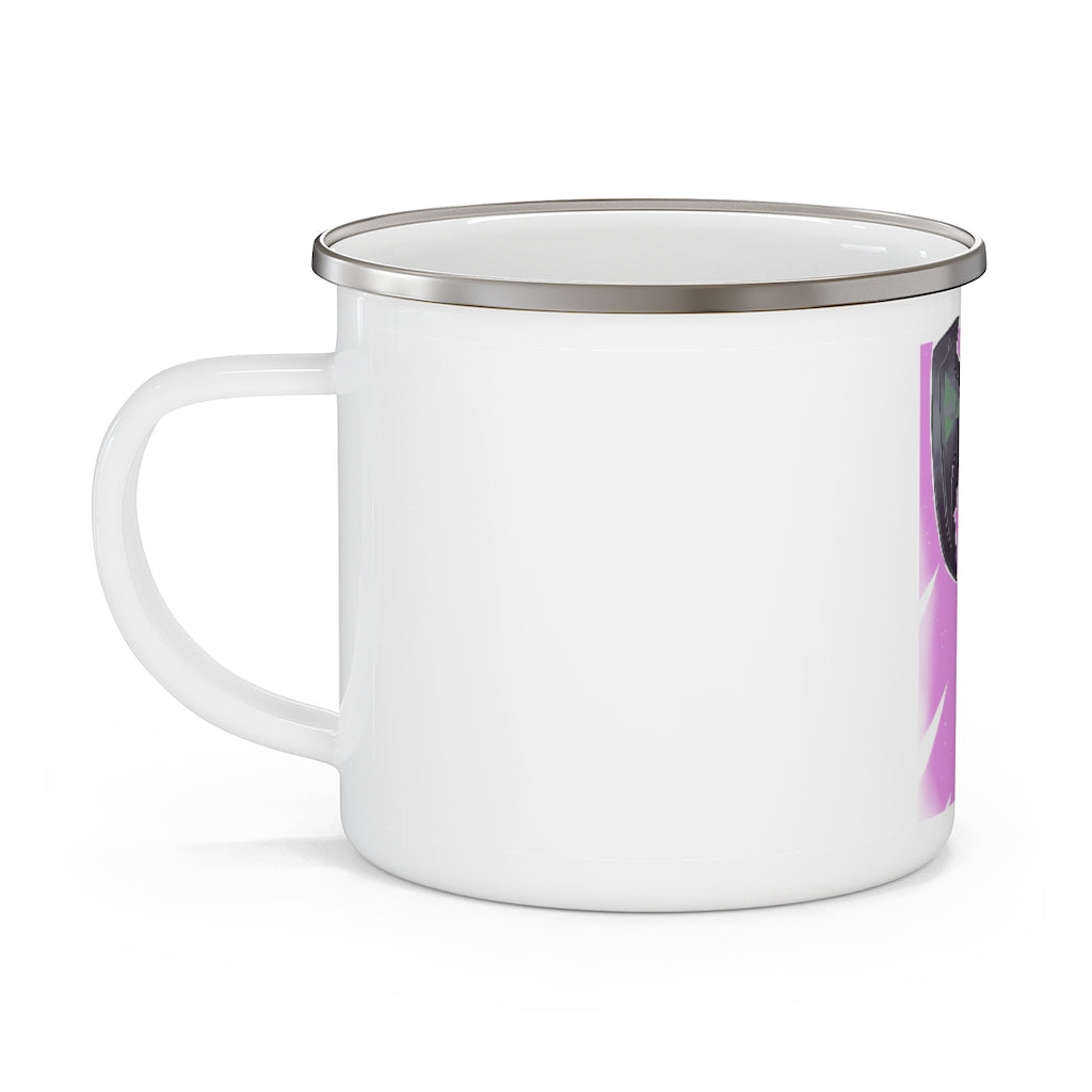 Hammer Enamel Camping Mug with a C-handle, showcasing a personalized design and durable enamel finish, perfect for outdoor use.