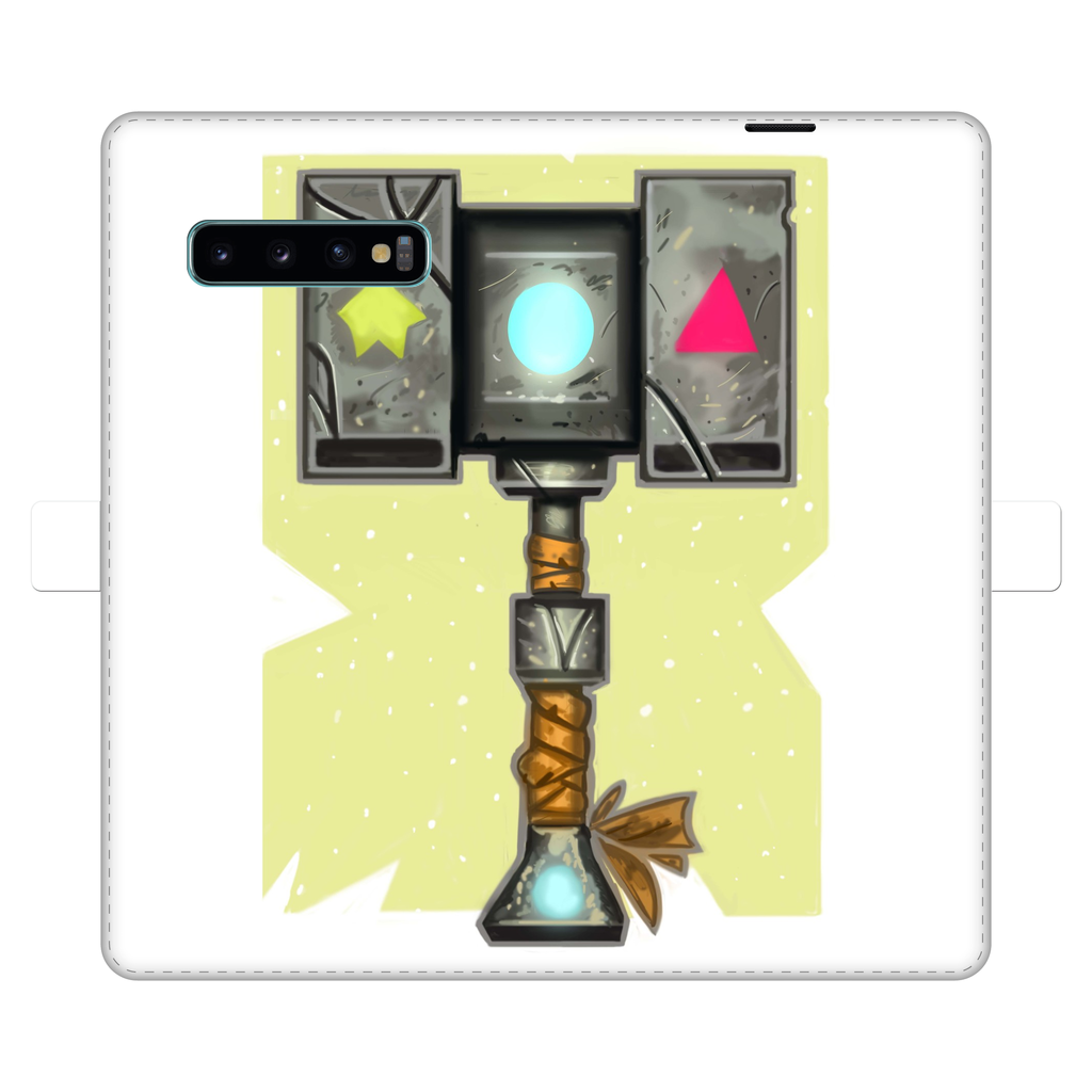 Hammer Fully Printed Wallet Case featuring vibrant UV-printed designs, made of white faux leather with a magnetic closure.