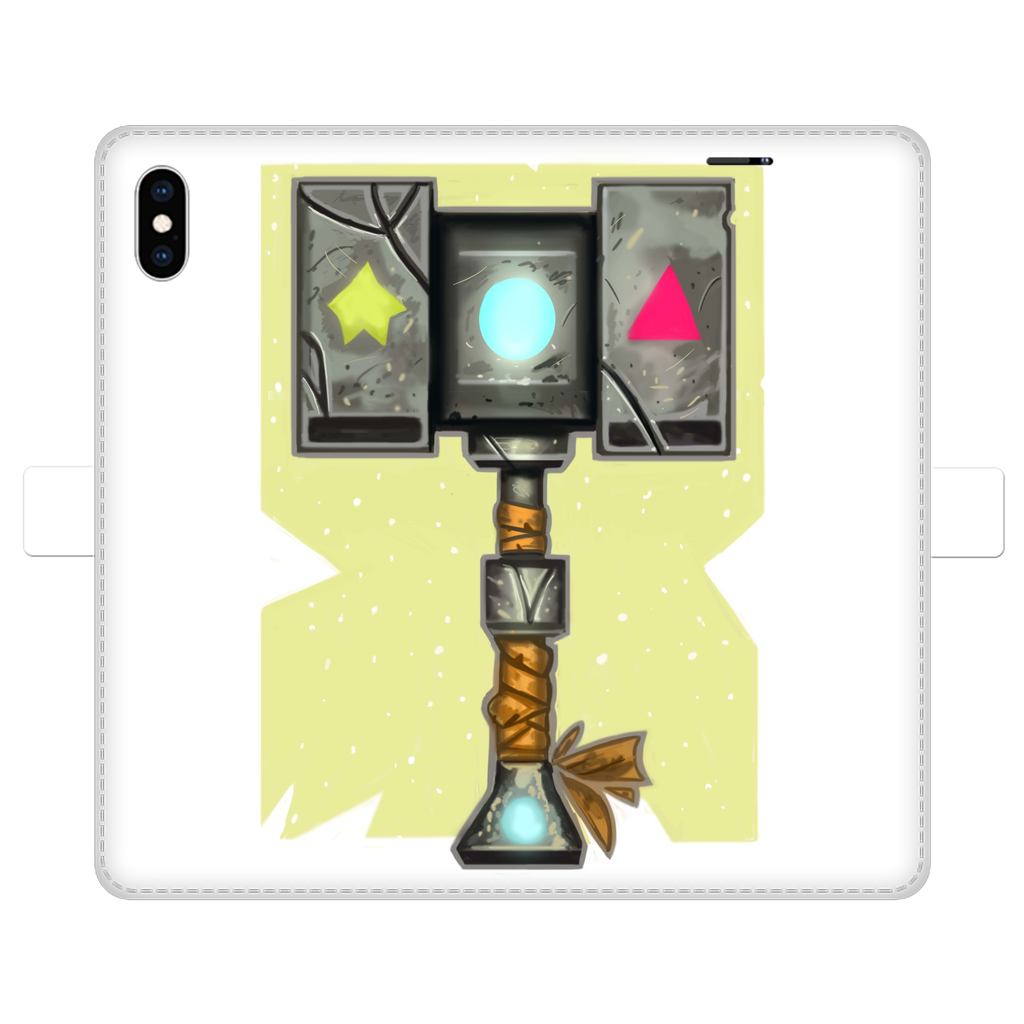 Hammer Fully Printed Wallet Case featuring vibrant UV-printed designs, made of white faux leather with a magnetic closure.