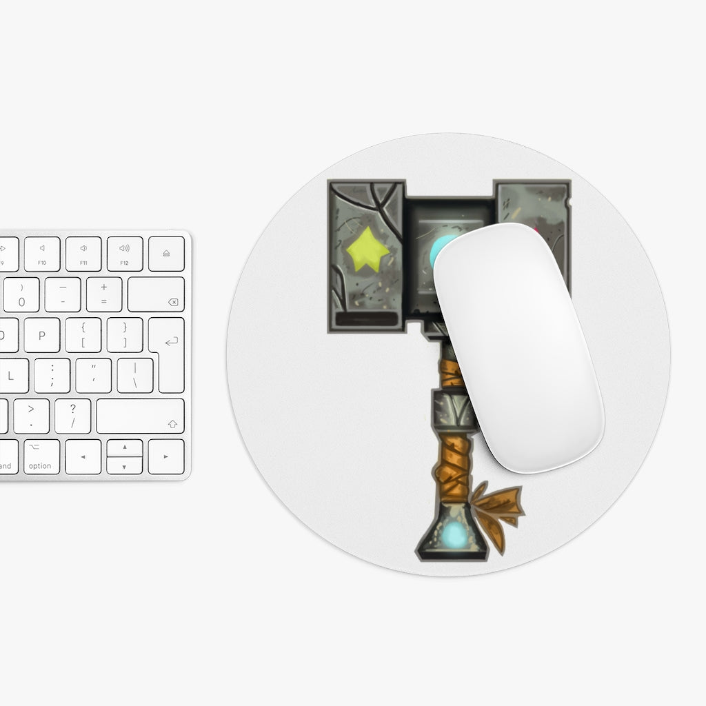 Hammer Mouse Pad in round and rectangular shapes, featuring a colorful neoprene surface and a non-slip rubber bottom.