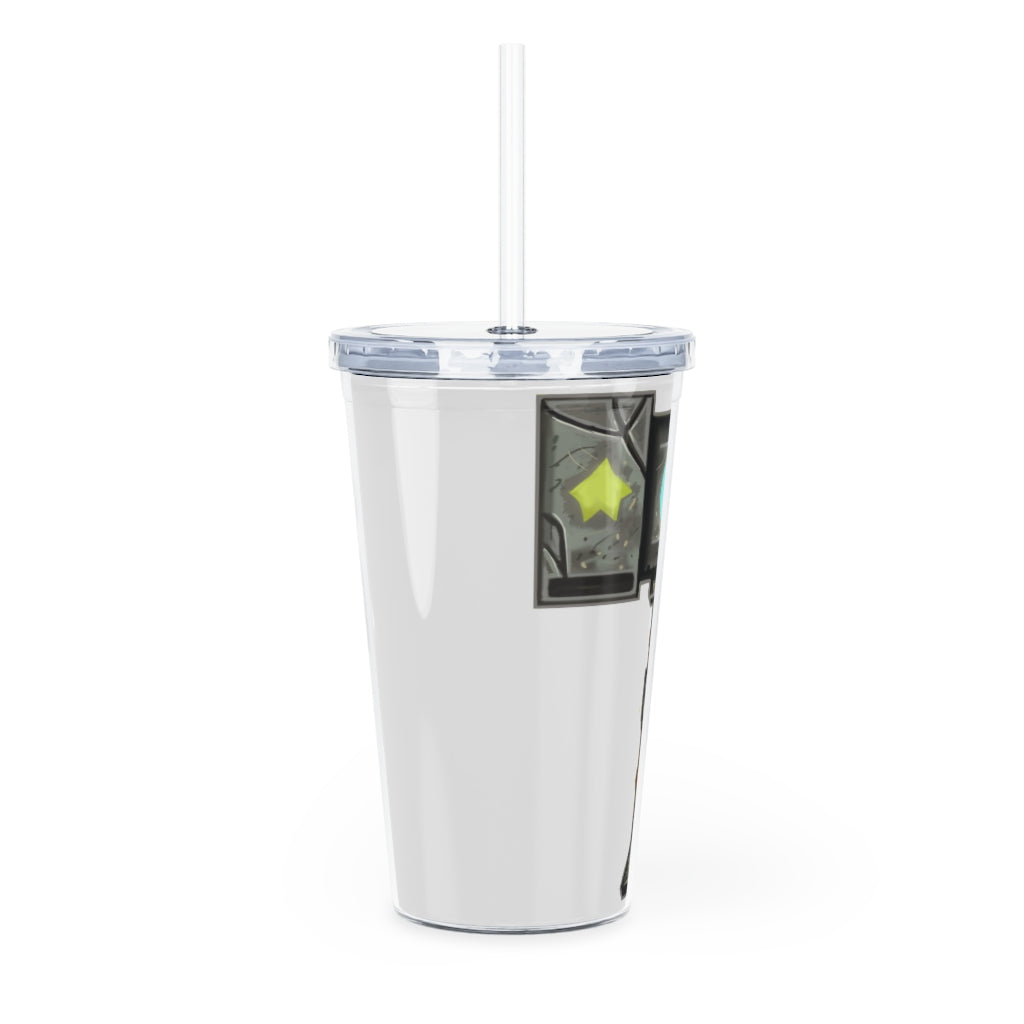 A colorful Hammer Plastic Tumbler with a straw, showcasing its double wall insulation and customizable design.