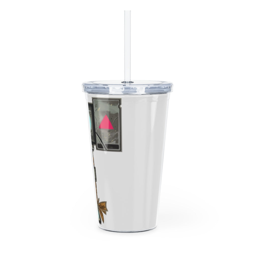 A colorful Hammer Plastic Tumbler with a straw, showcasing its double wall insulation and customizable design.