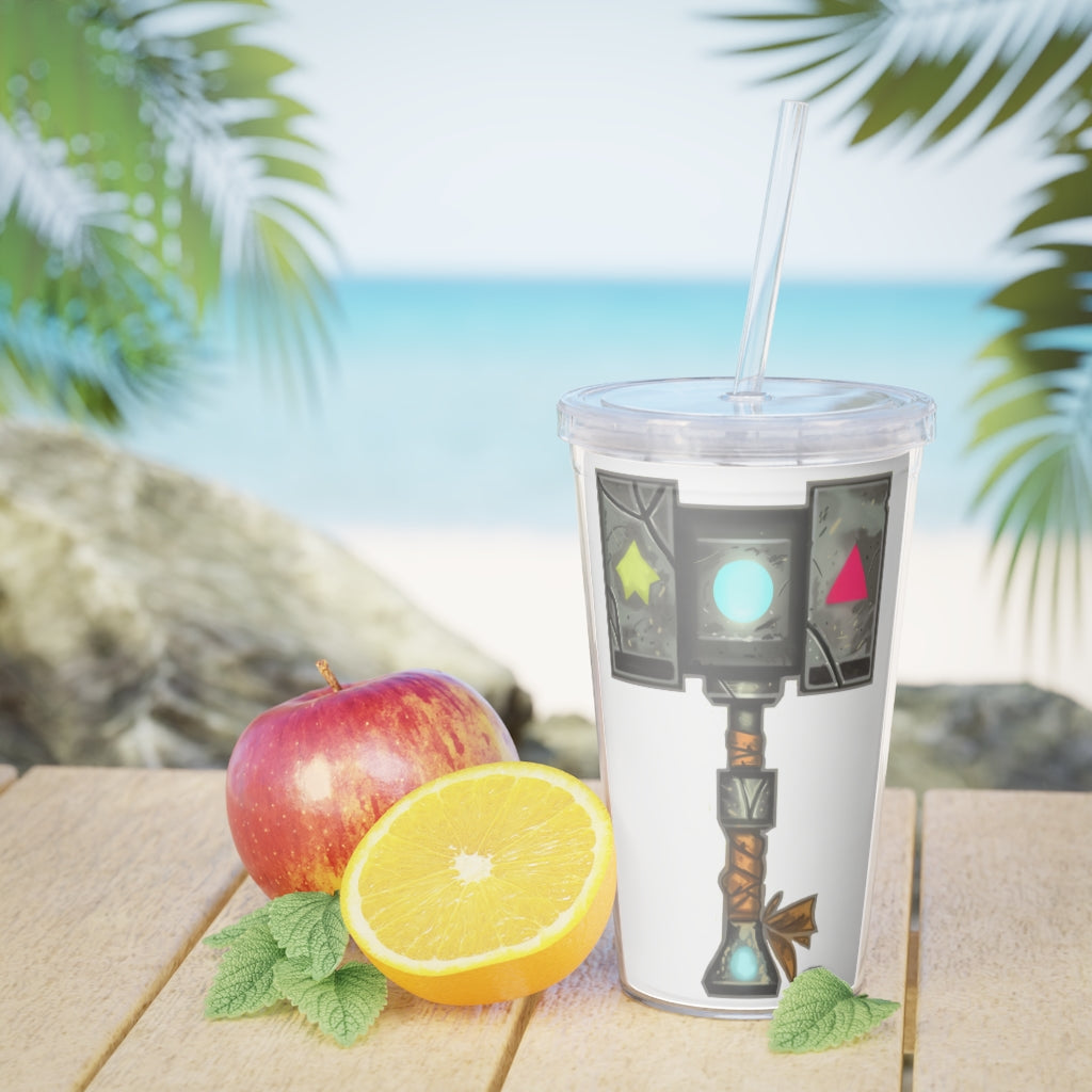 A colorful Hammer Plastic Tumbler with a straw, showcasing its double wall insulation and customizable design.