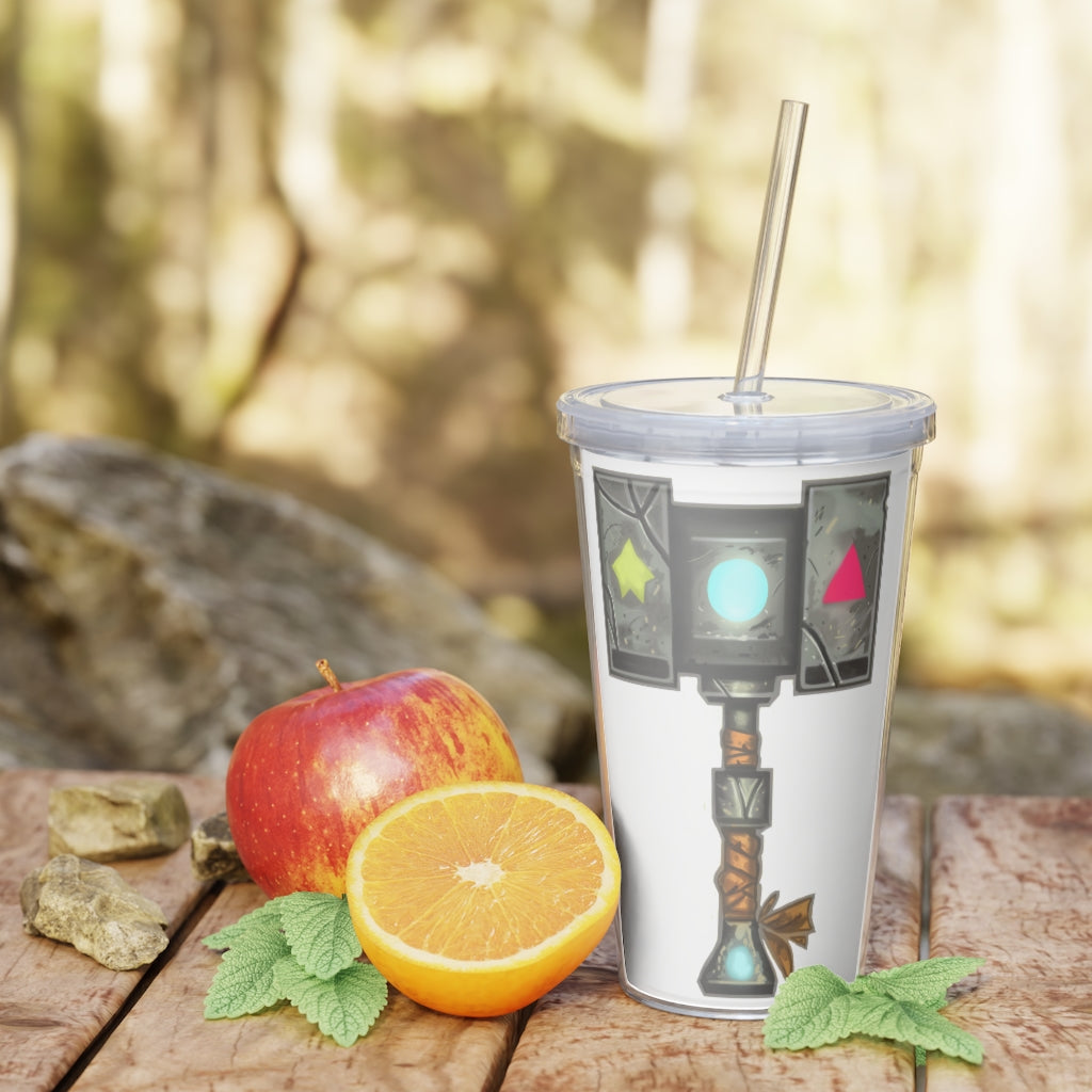 A colorful Hammer Plastic Tumbler with a straw, showcasing its double wall insulation and customizable design.