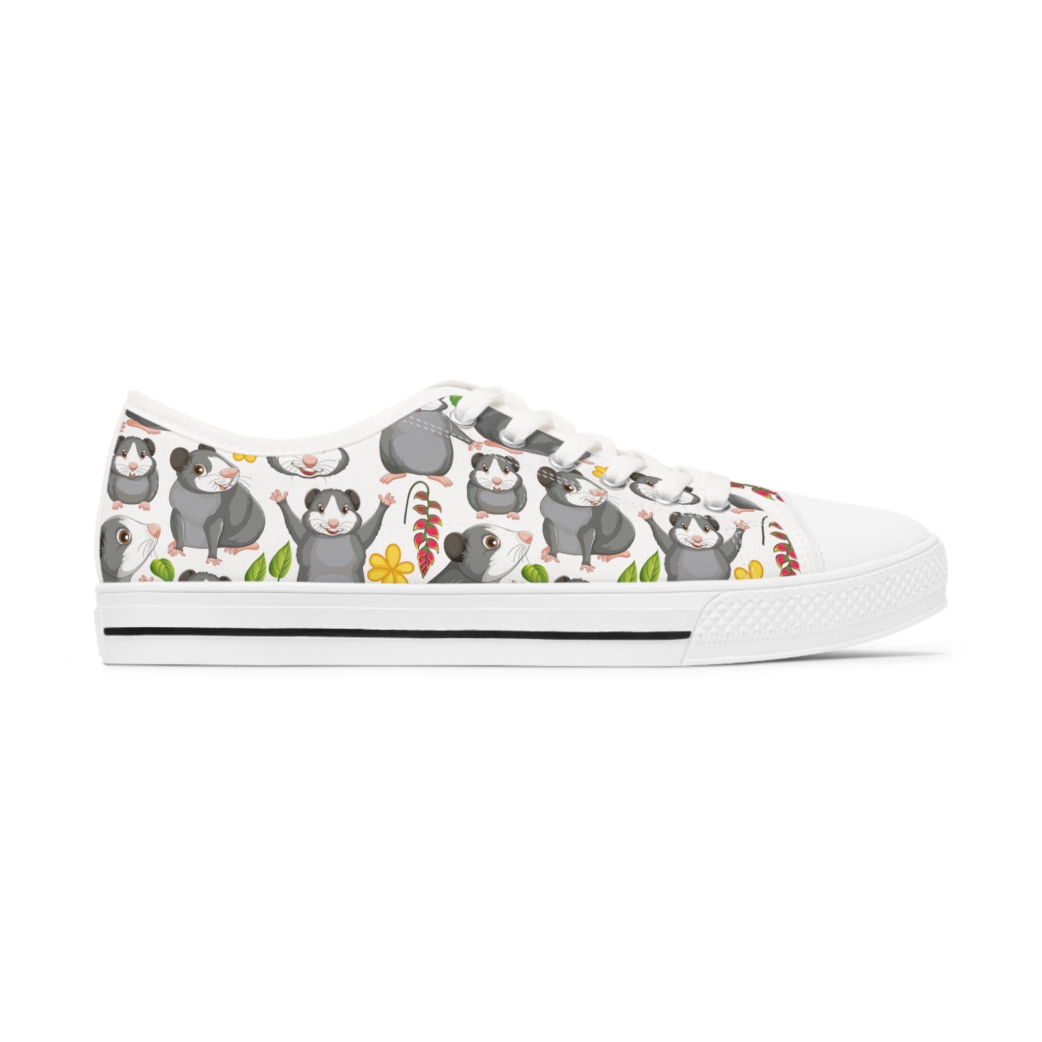 Hamster Women's Low Top Sneakers in black and white options, featuring breathable canvas and stylish design elements.