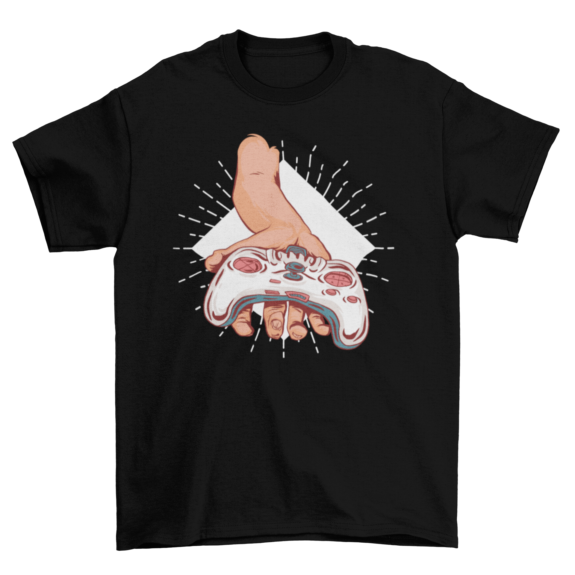 A stylish t-shirt featuring a hand gripping a gaming controller, perfect for gamers.