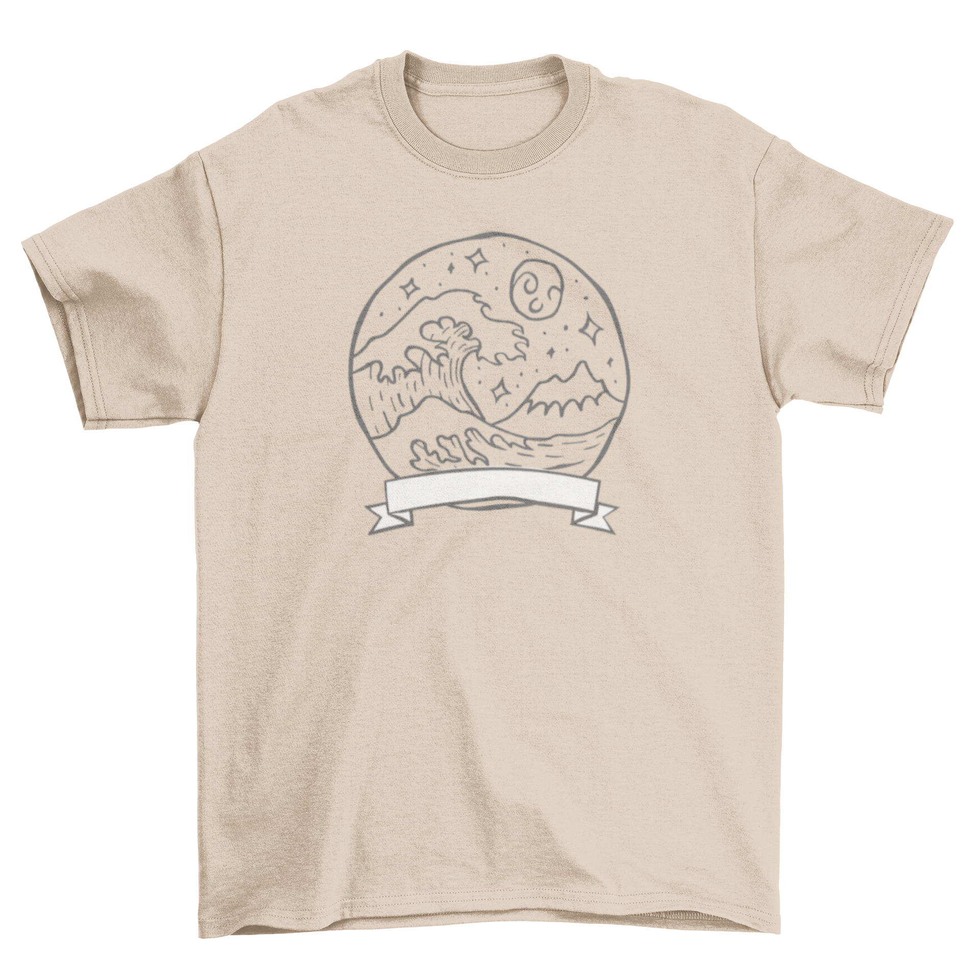 Hand drawn beach label t-shirt featuring waves, sun, and hills illustration on the back with a decorative ribbon.