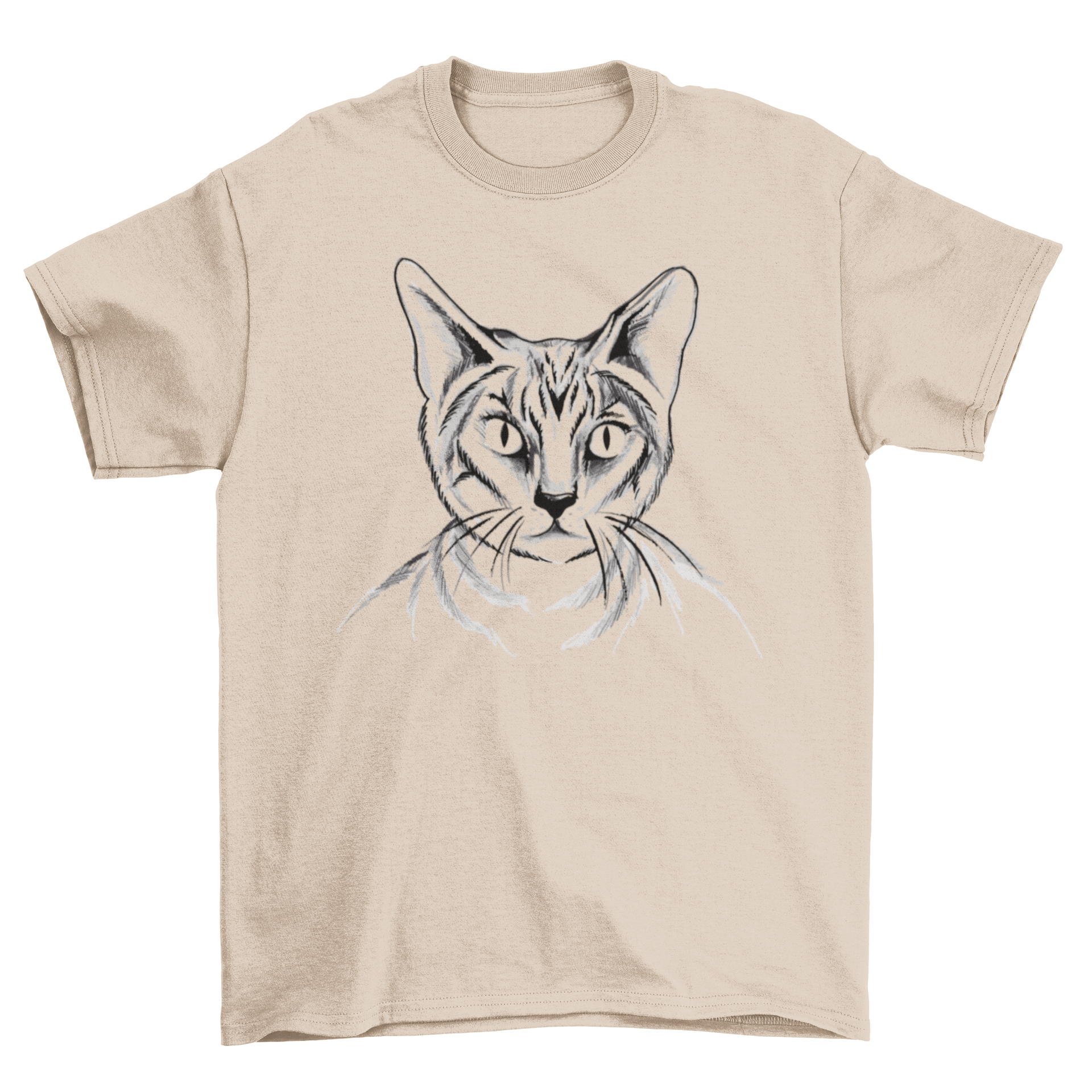 A stylish hand drawn cat t-shirt featuring a black and white illustration of a cat, perfect for cat lovers.