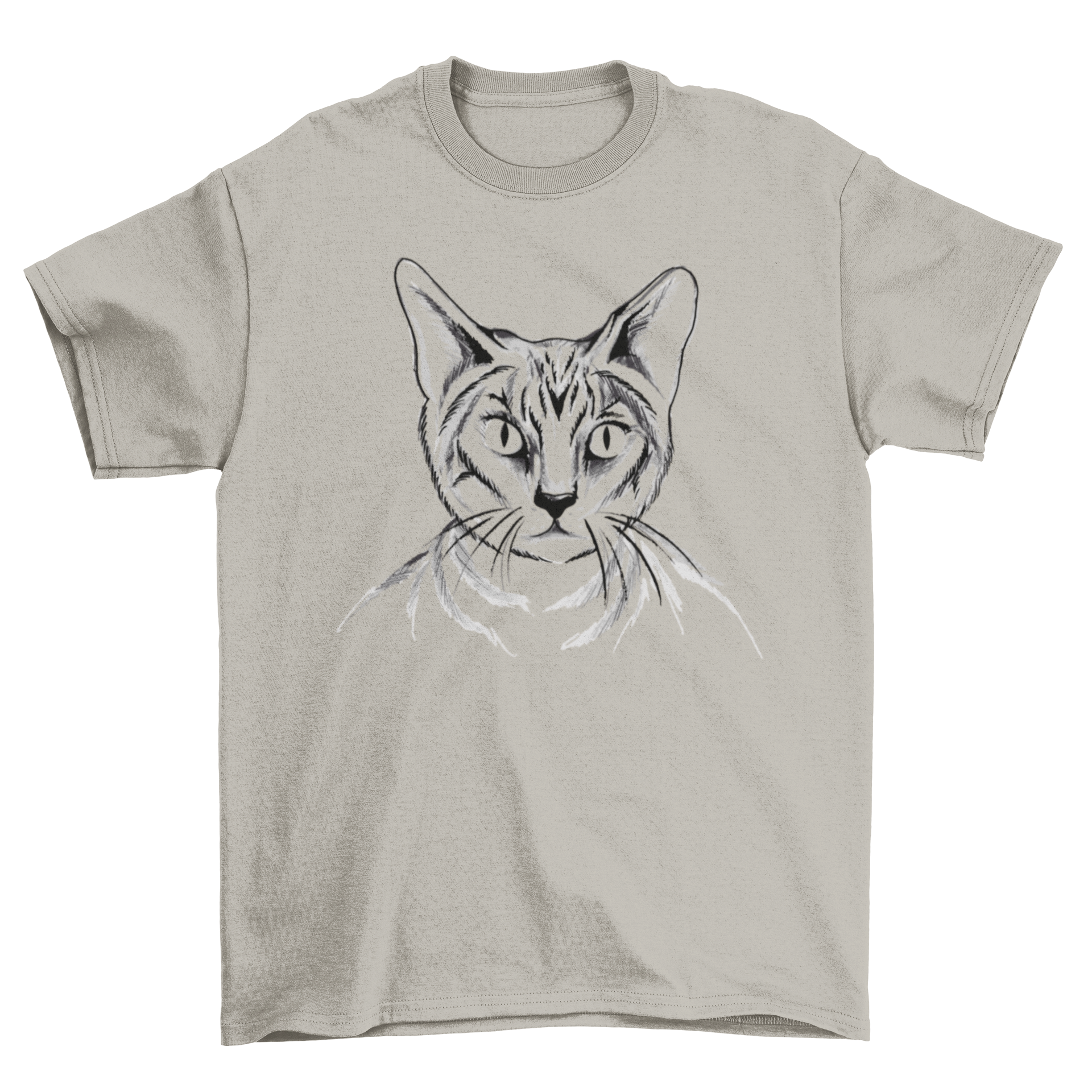 A stylish hand drawn cat t-shirt featuring a black and white illustration of a cat, perfect for cat lovers.