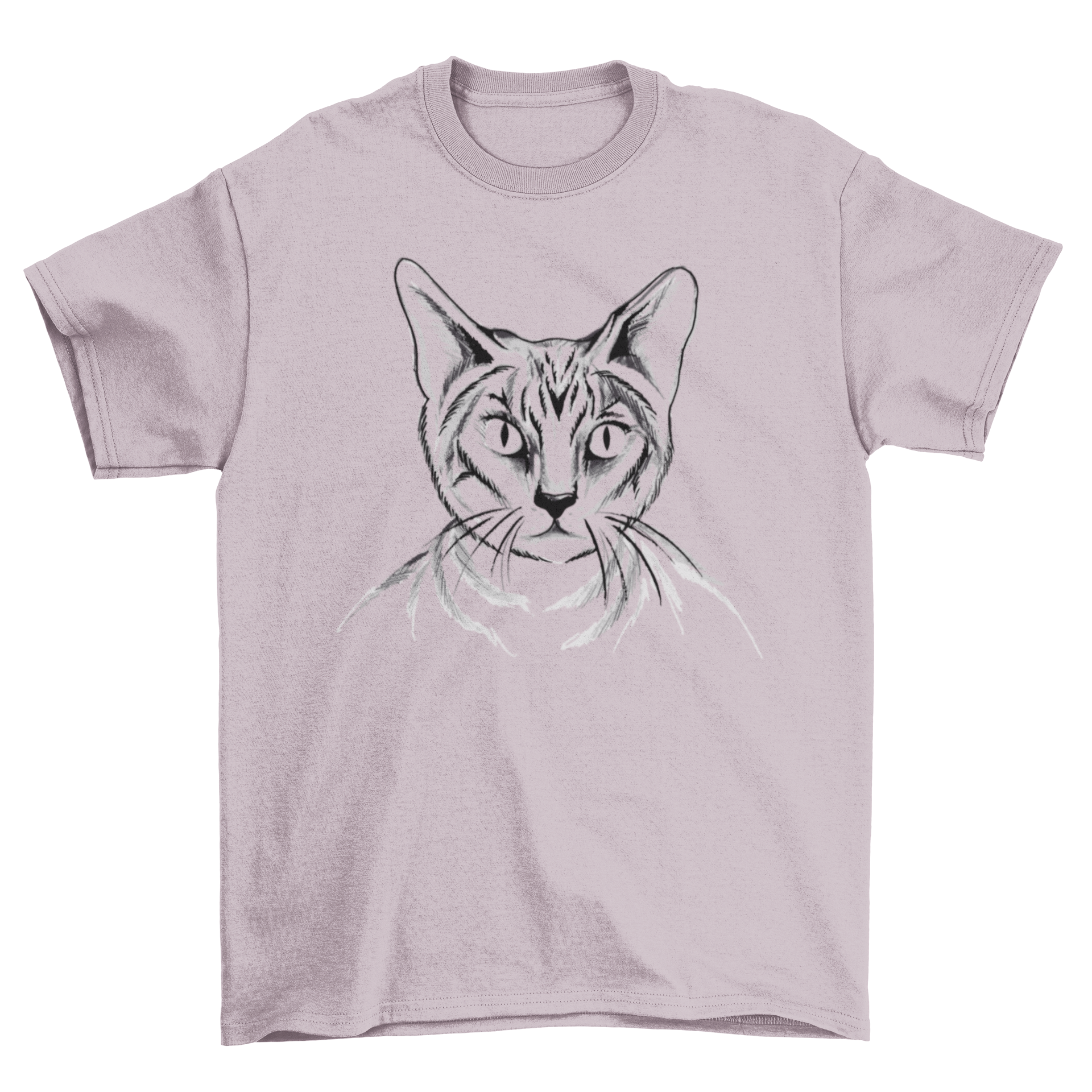 A stylish hand drawn cat t-shirt featuring a black and white illustration of a cat, perfect for cat lovers.