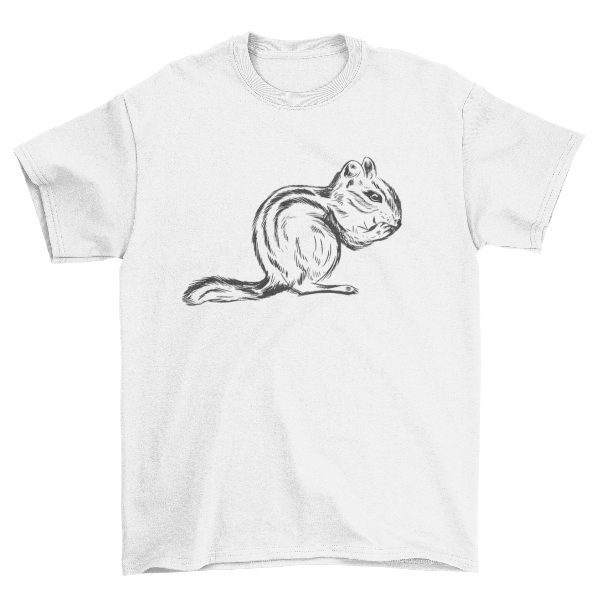 A cute hand drawn illustration of a chipmunk eating, featured on a t-shirt.