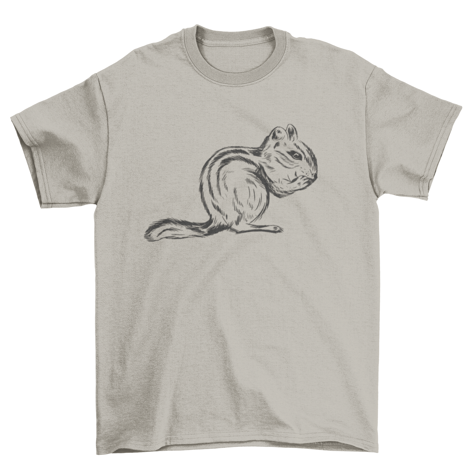 A cute hand drawn illustration of a chipmunk eating, featured on a t-shirt.
