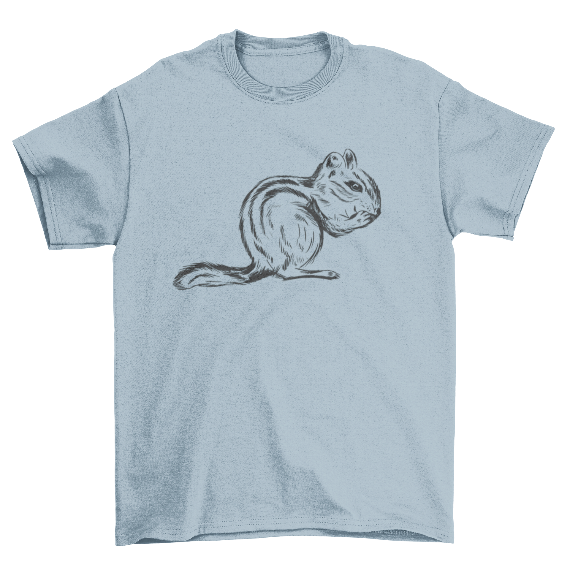 A cute hand drawn illustration of a chipmunk eating, featured on a t-shirt.