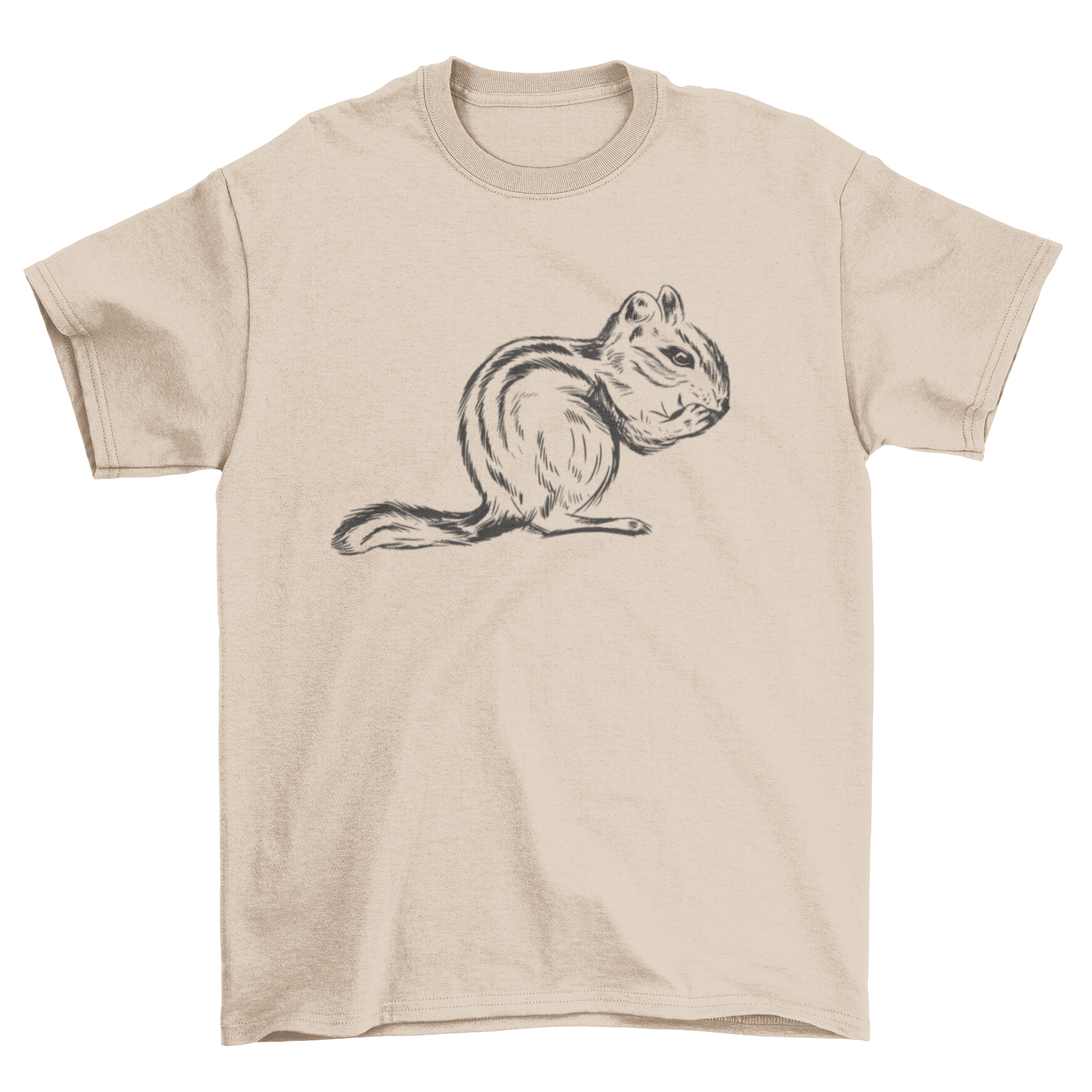 A cute hand drawn illustration of a chipmunk eating, featured on a t-shirt.