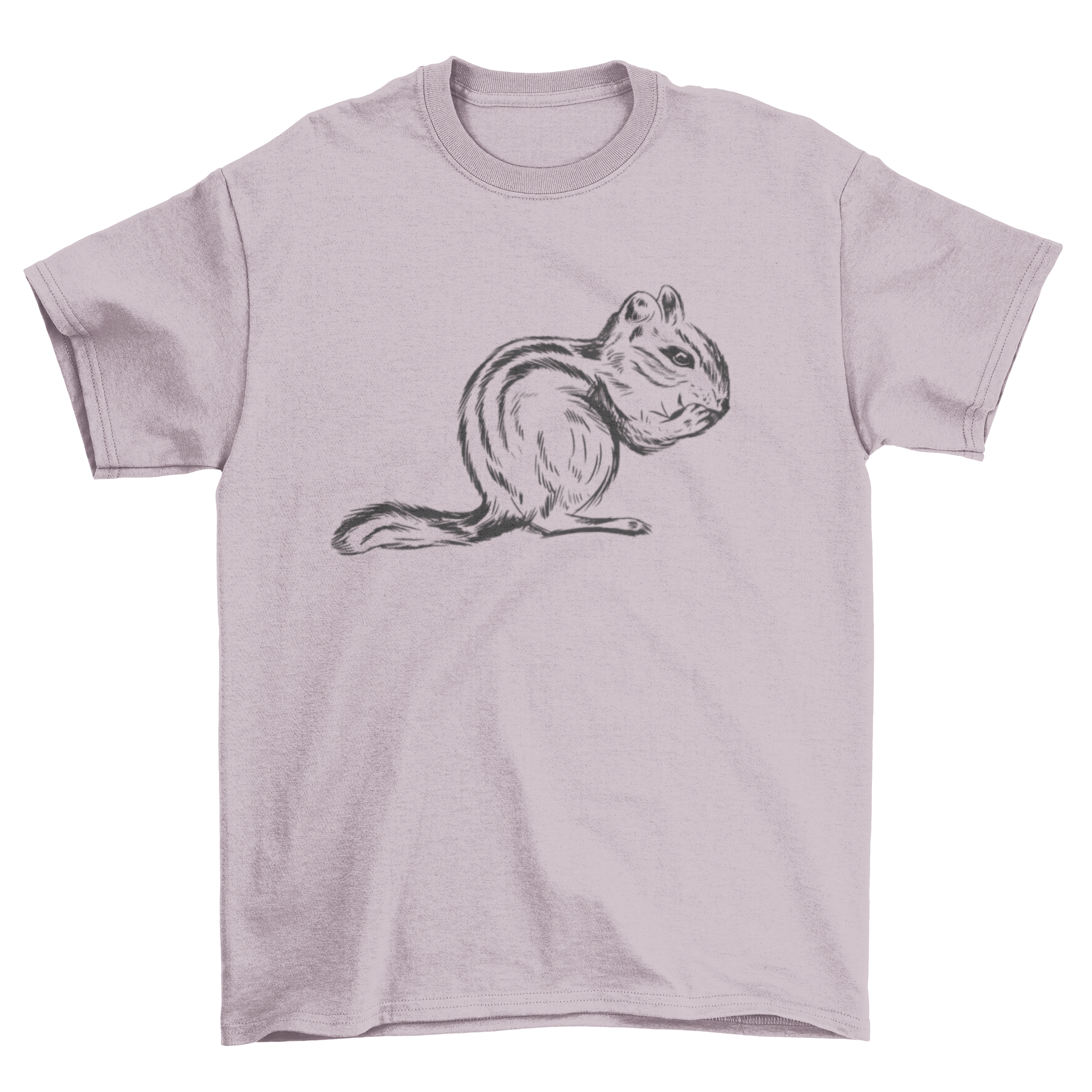 A cute hand drawn illustration of a chipmunk eating, featured on a t-shirt.