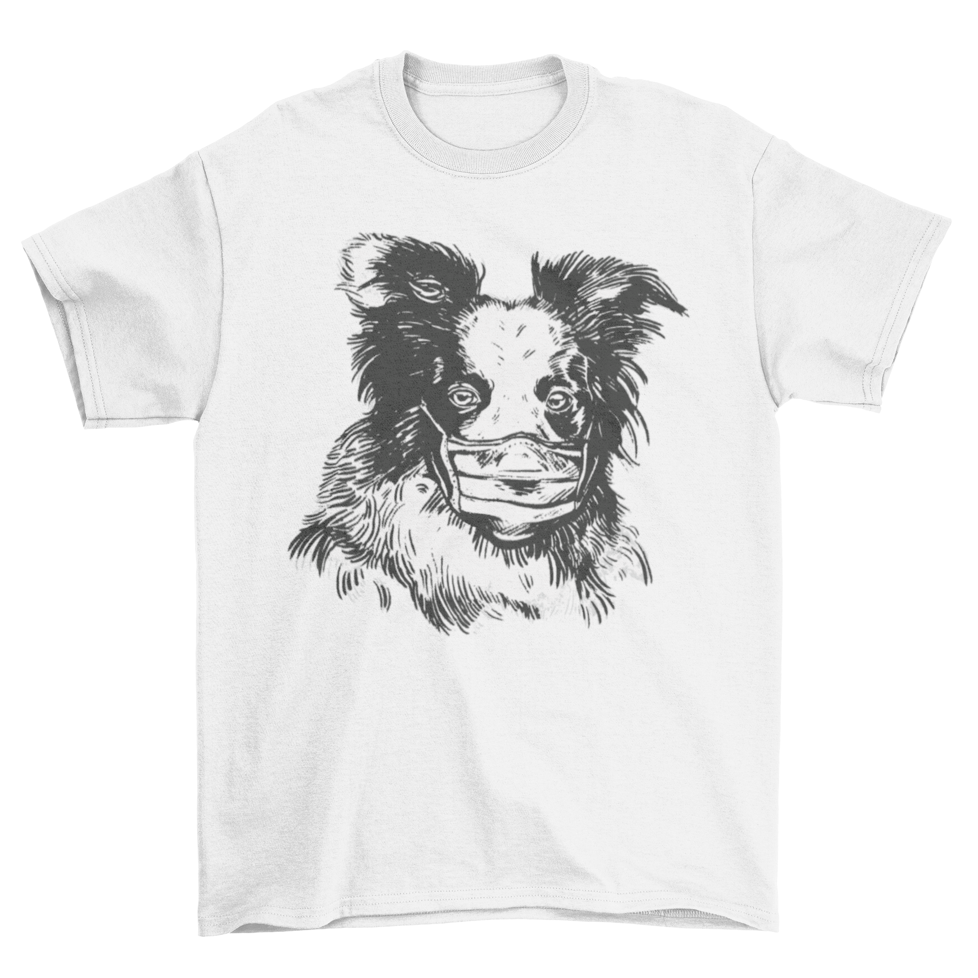 Hand drawn illustration of a collie wearing a safety face mask on a stylish t-shirt.