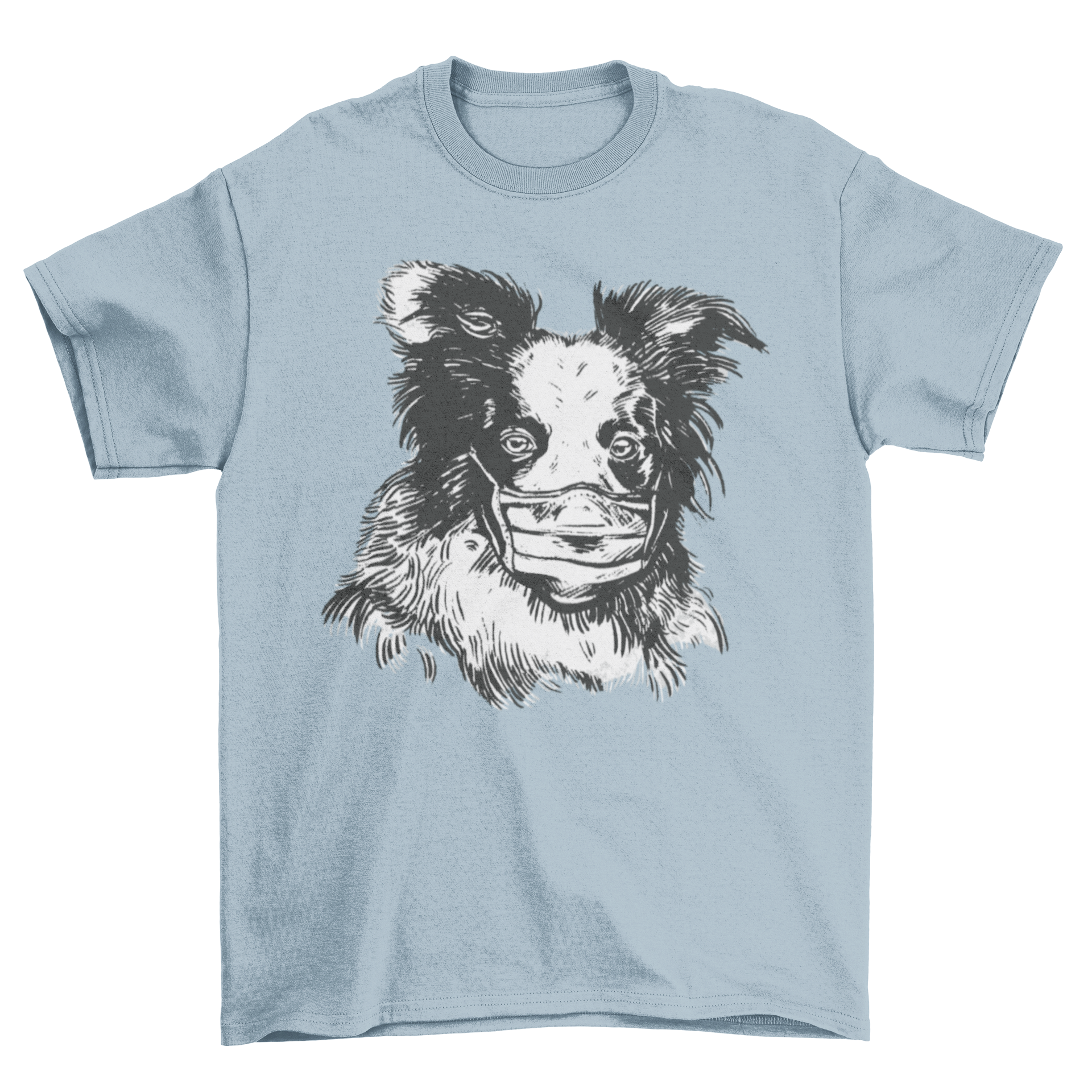 Hand drawn illustration of a collie wearing a safety face mask on a stylish t-shirt.