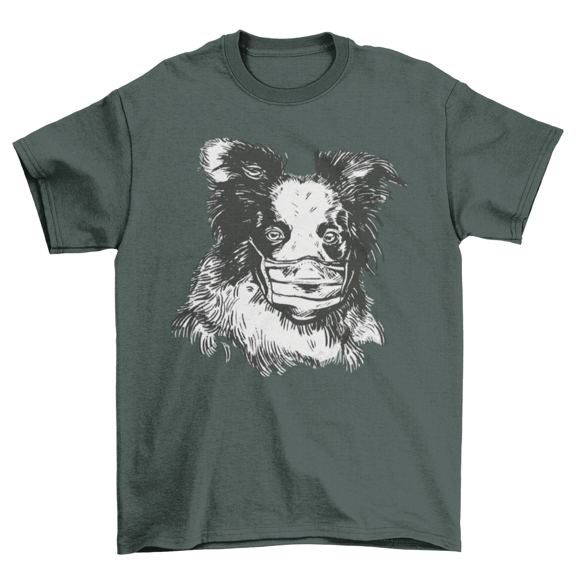 Hand drawn illustration of a collie wearing a safety face mask on a stylish t-shirt.