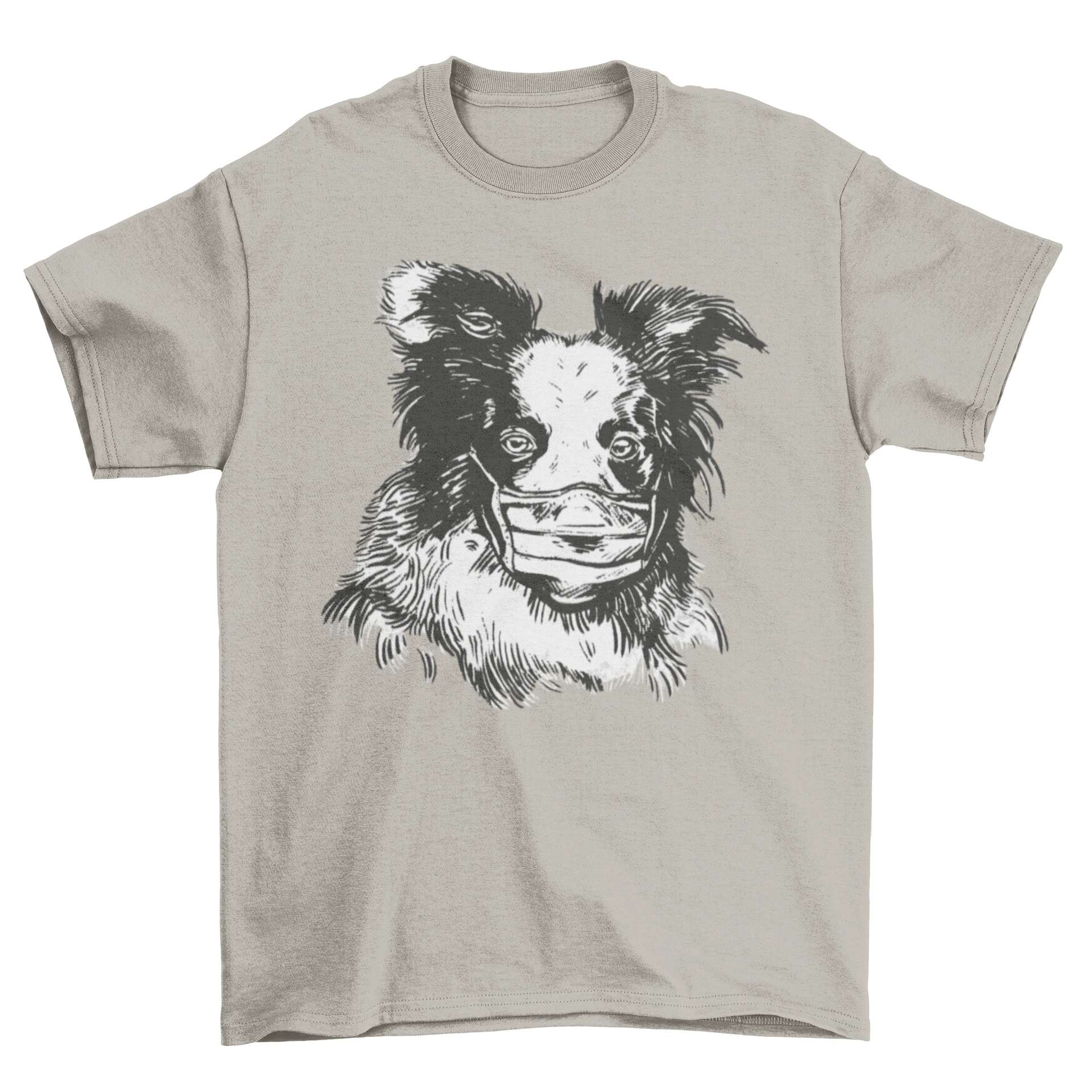 Hand drawn illustration of a collie wearing a safety face mask on a stylish t-shirt.