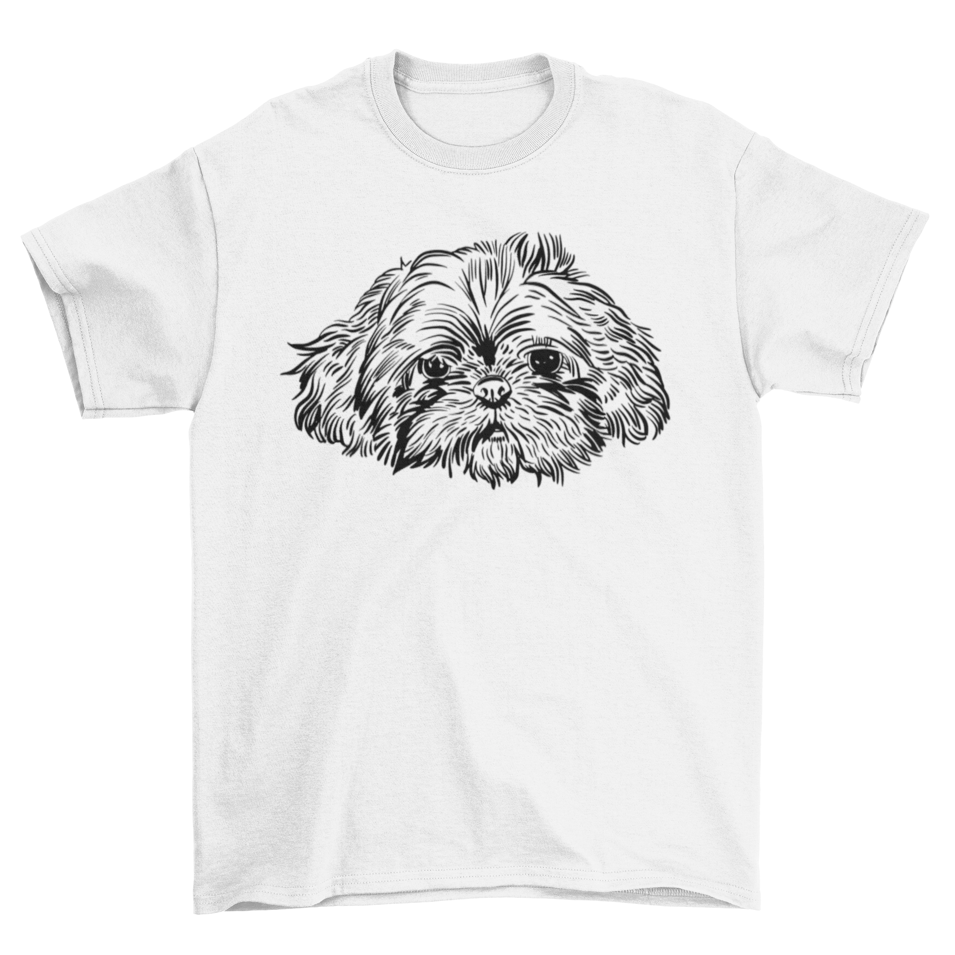 Hand drawn t-shirt featuring a cute shih tzu dog face design, perfect for dog lovers.